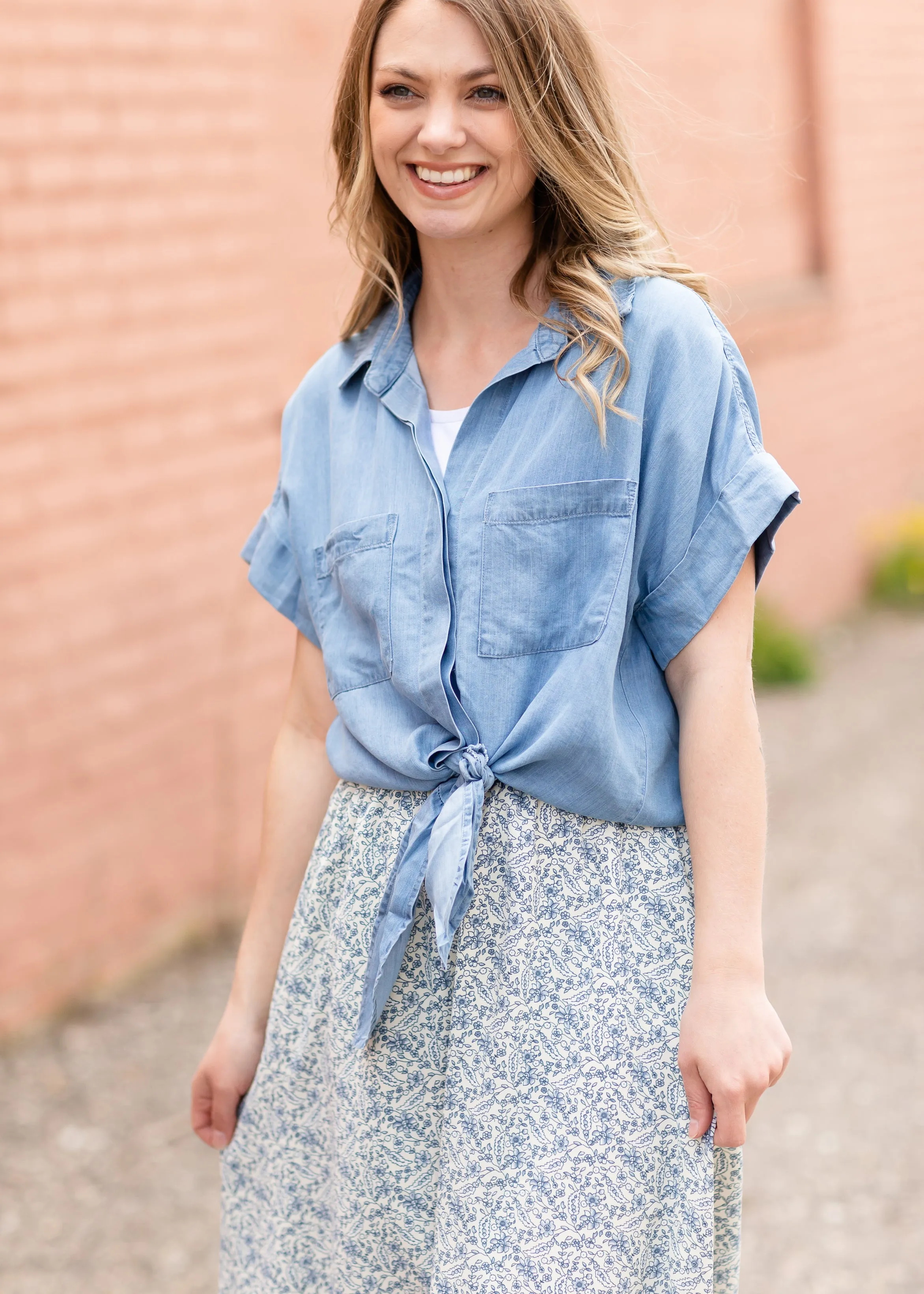 Button Up Chambray Short Sleeve Tie Front Shirt