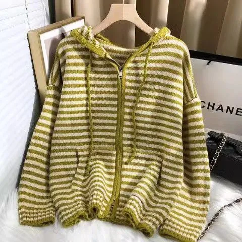 Candy Colorblock Multi Stripes Zipper Cardigan With Hood