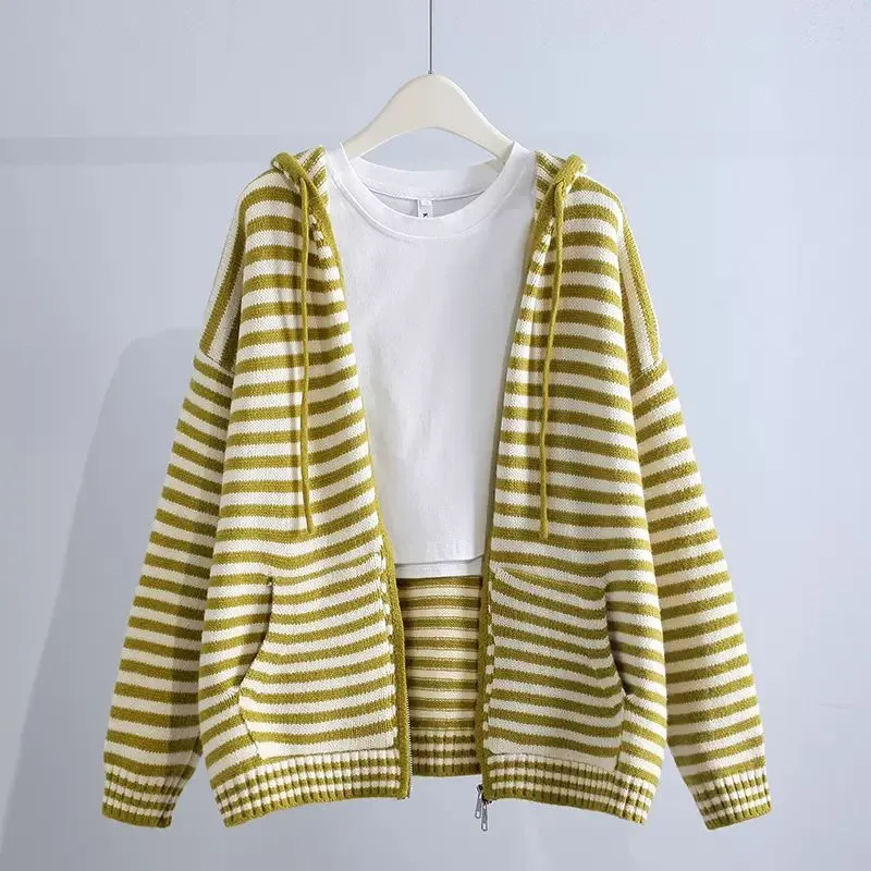 Candy Colorblock Multi Stripes Zipper Cardigan With Hood