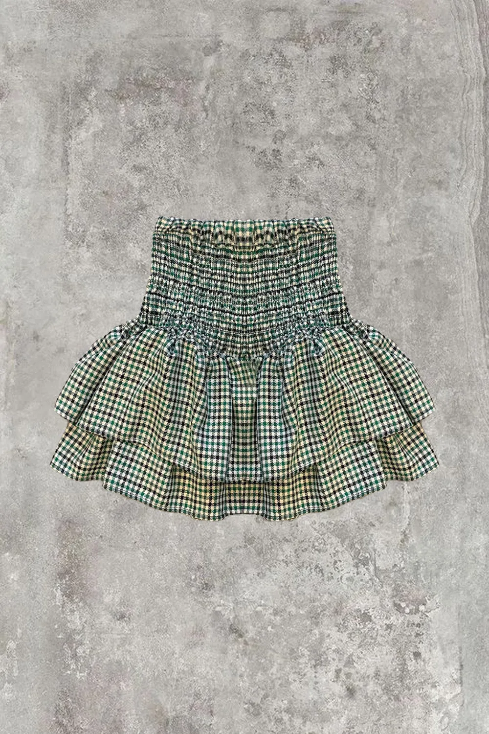 Cece Green Check Shirred Waist Ruffle Hem Mini Skirt