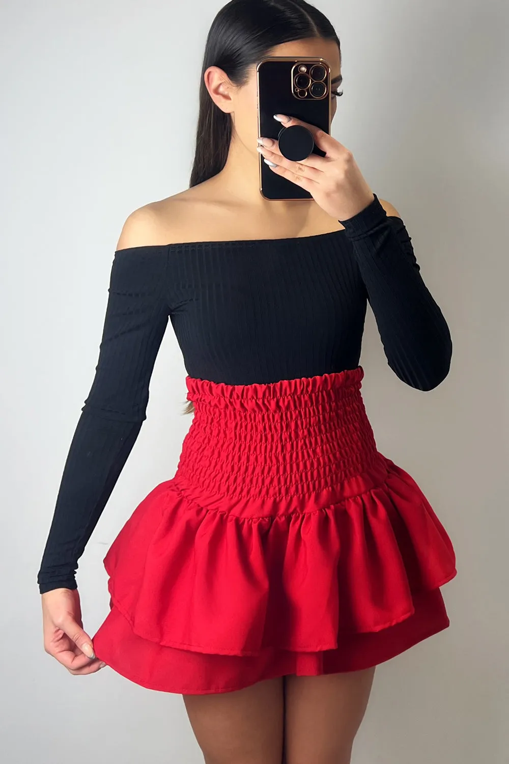 Cece Red Shirred Waist Ruffle Hem Mini Skirt