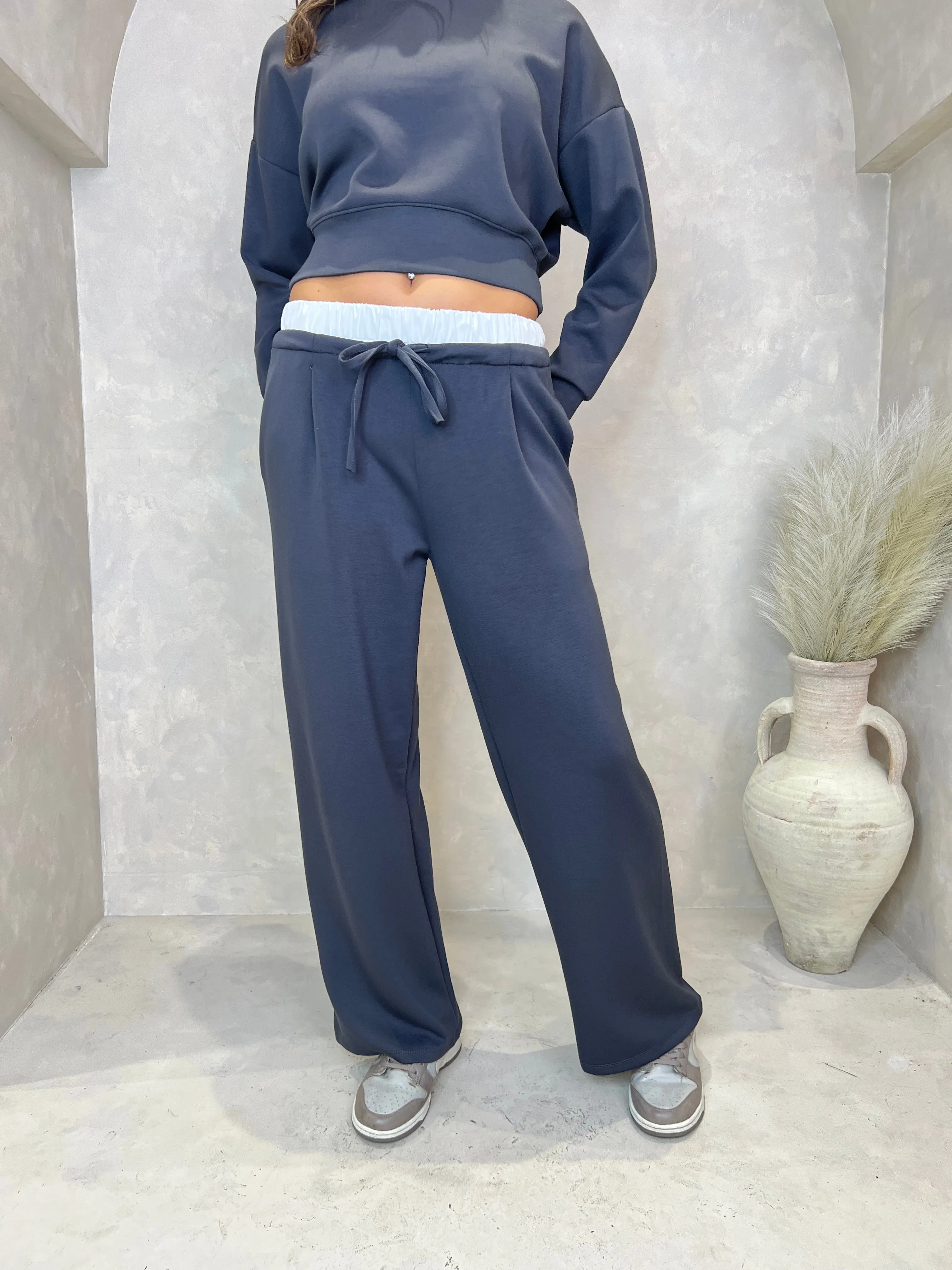 Charcoal Drawstring Wide Leg Trousers