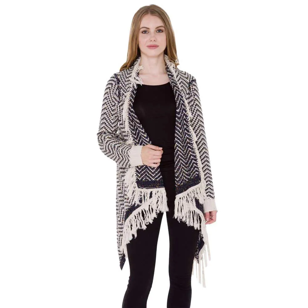 Chevron Zigzag Pattern Fringe Knit Cardigan