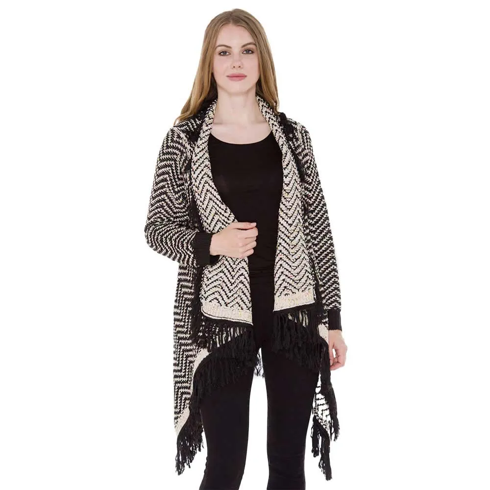 Chevron Zigzag Pattern Fringe Knit Cardigan