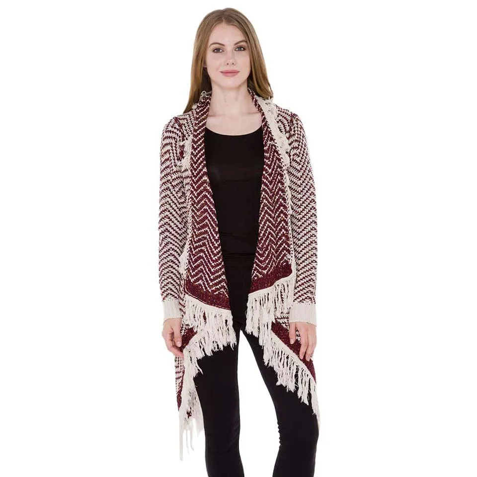 Chevron Zigzag Pattern Fringe Knit Cardigan