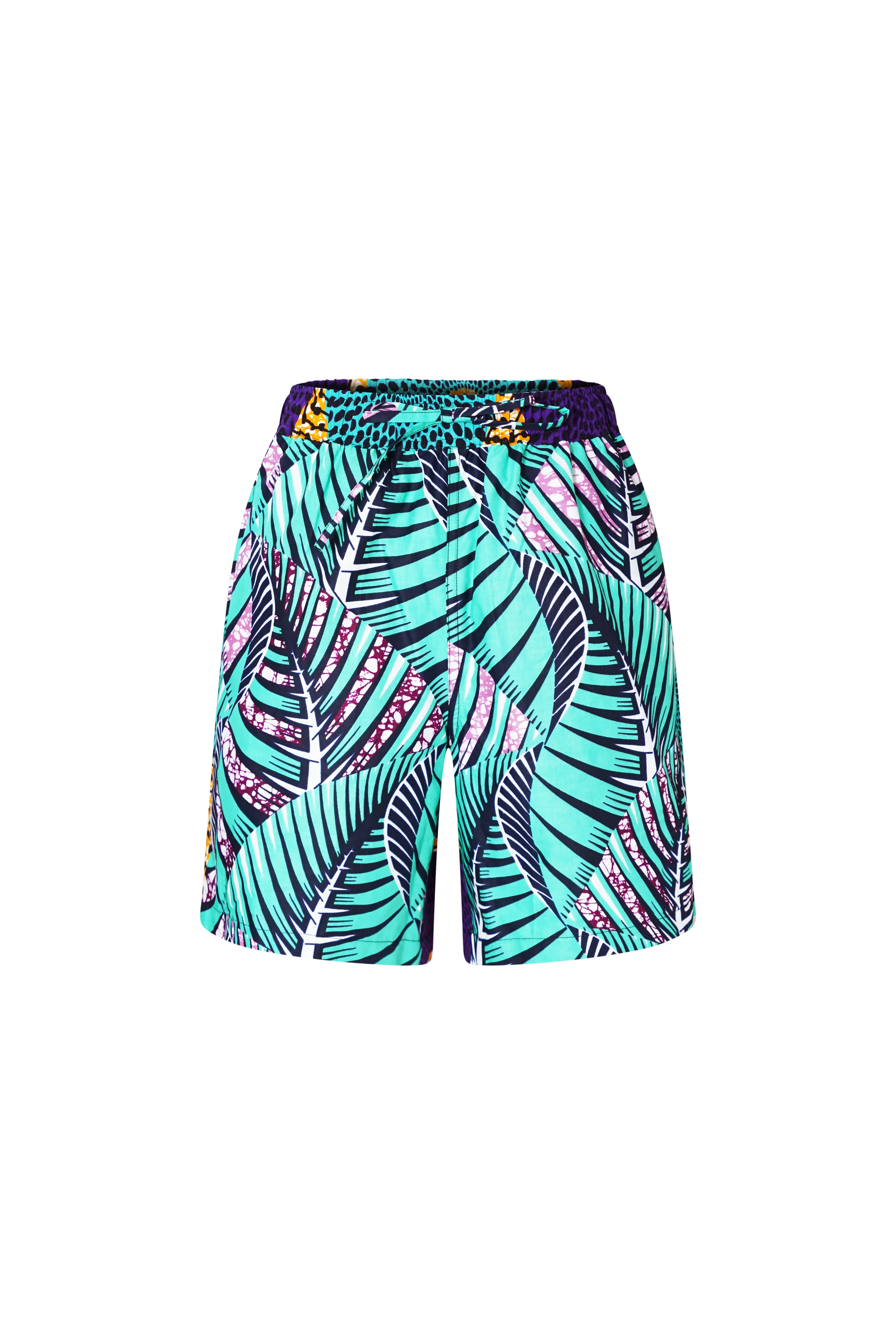 Chinny Shorts - Mix Match Water Well Cyan Purple and Orange African Ankara Wax Cotton Print