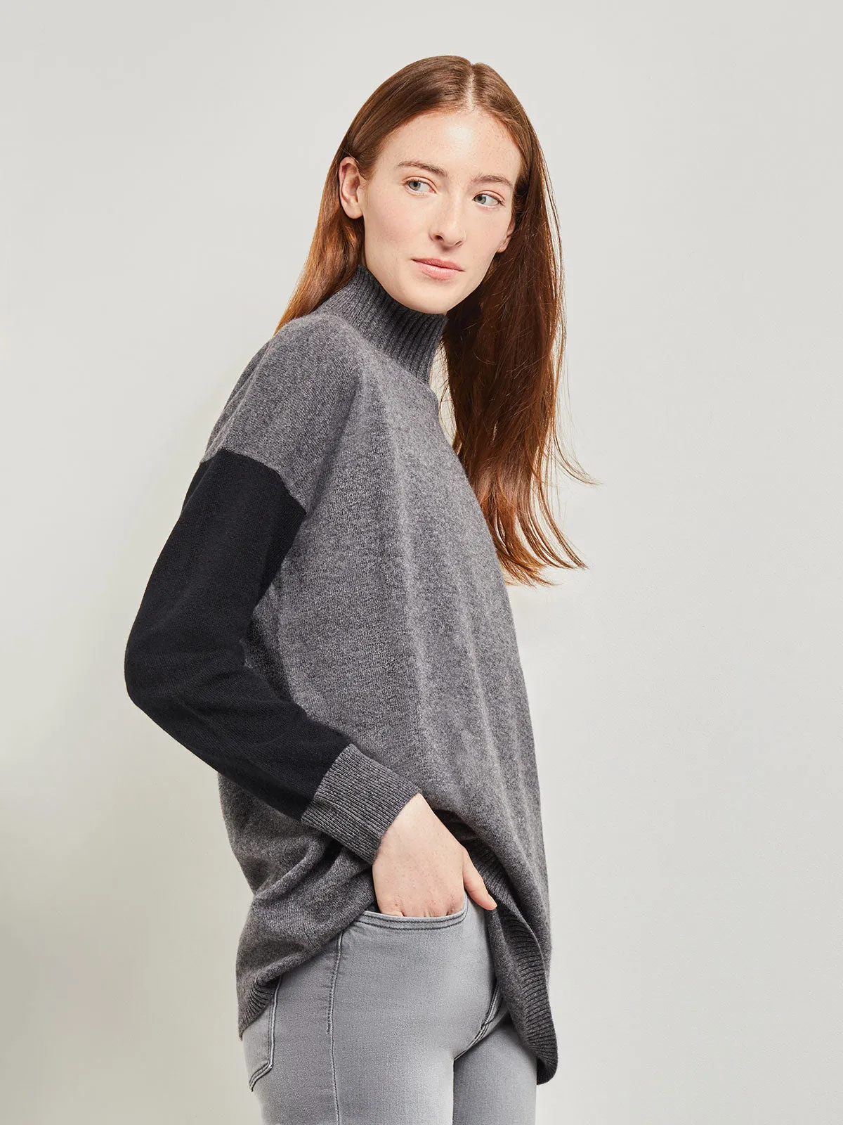 Colorblock Cashmere Turtleneck Tunic, Black/Charcoal