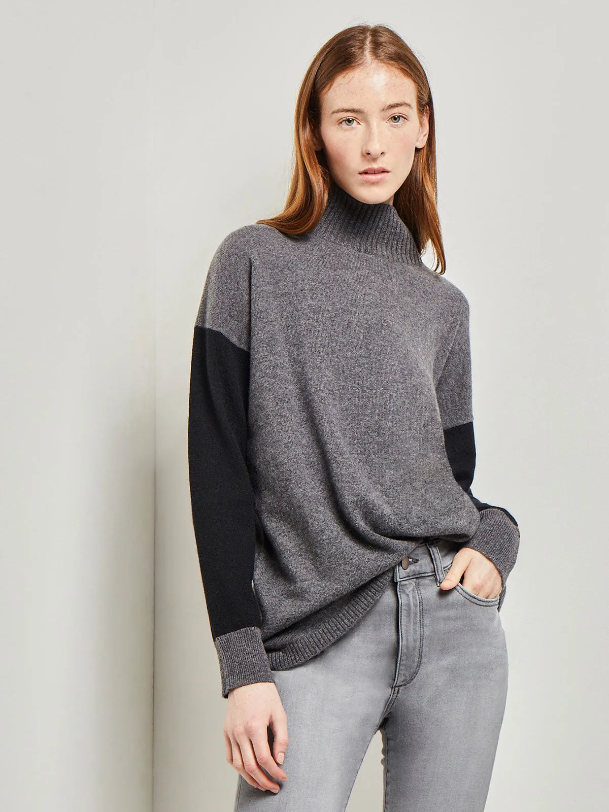 Colorblock Cashmere Turtleneck Tunic, Black/Charcoal