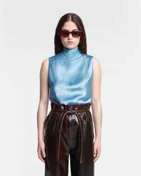 Colson - Crinkled-Satin Turtleneck Top - Aqua