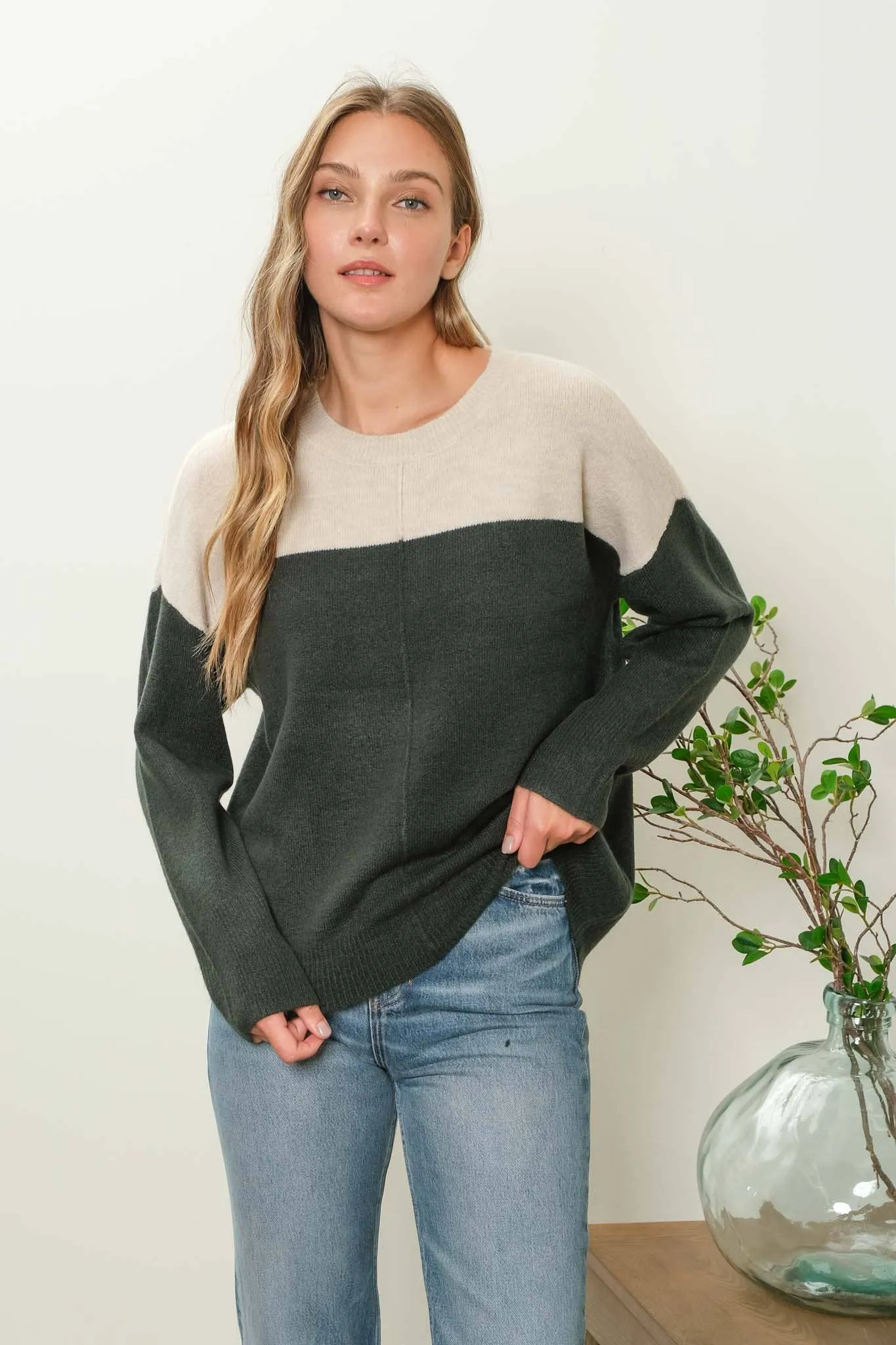 CONTRAST LONG SLEEVE KNIT PULLOVER SWEATER