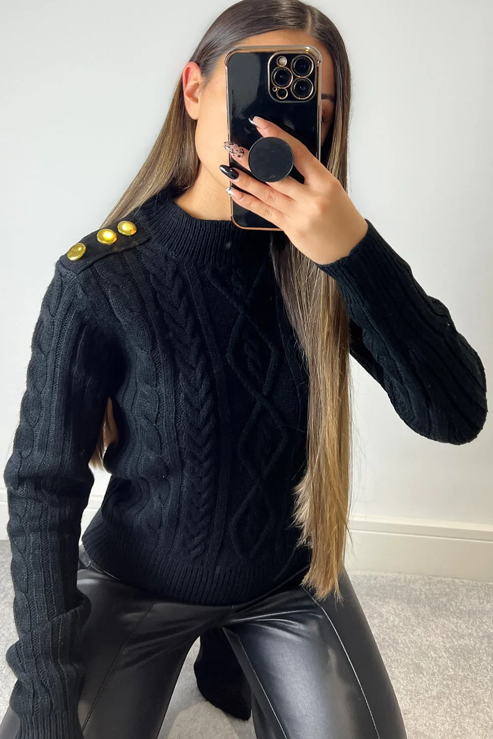 Coriana Black Button Detail Cable Knit Jumper