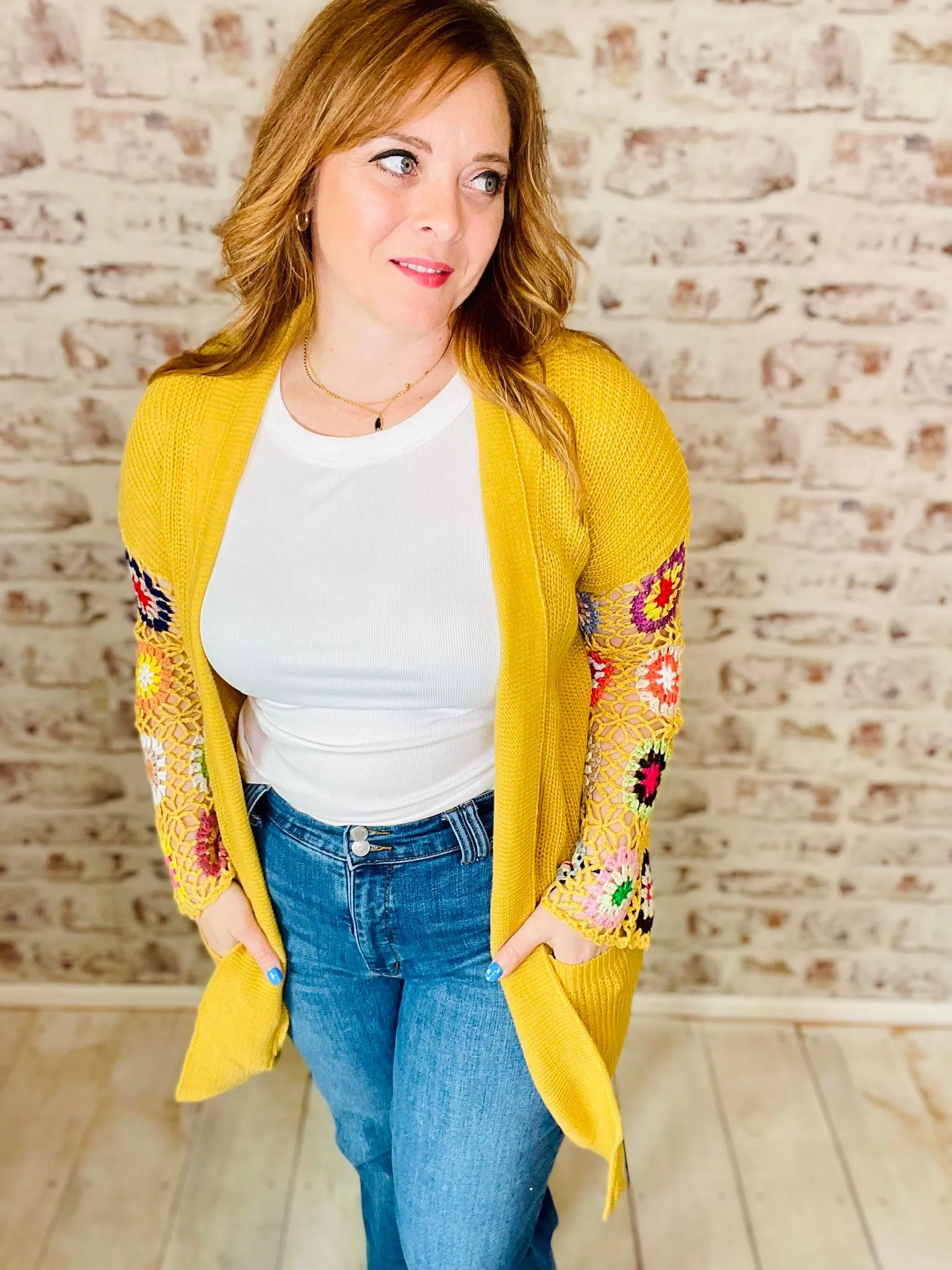 Crochet Slv Cardigan Mustard