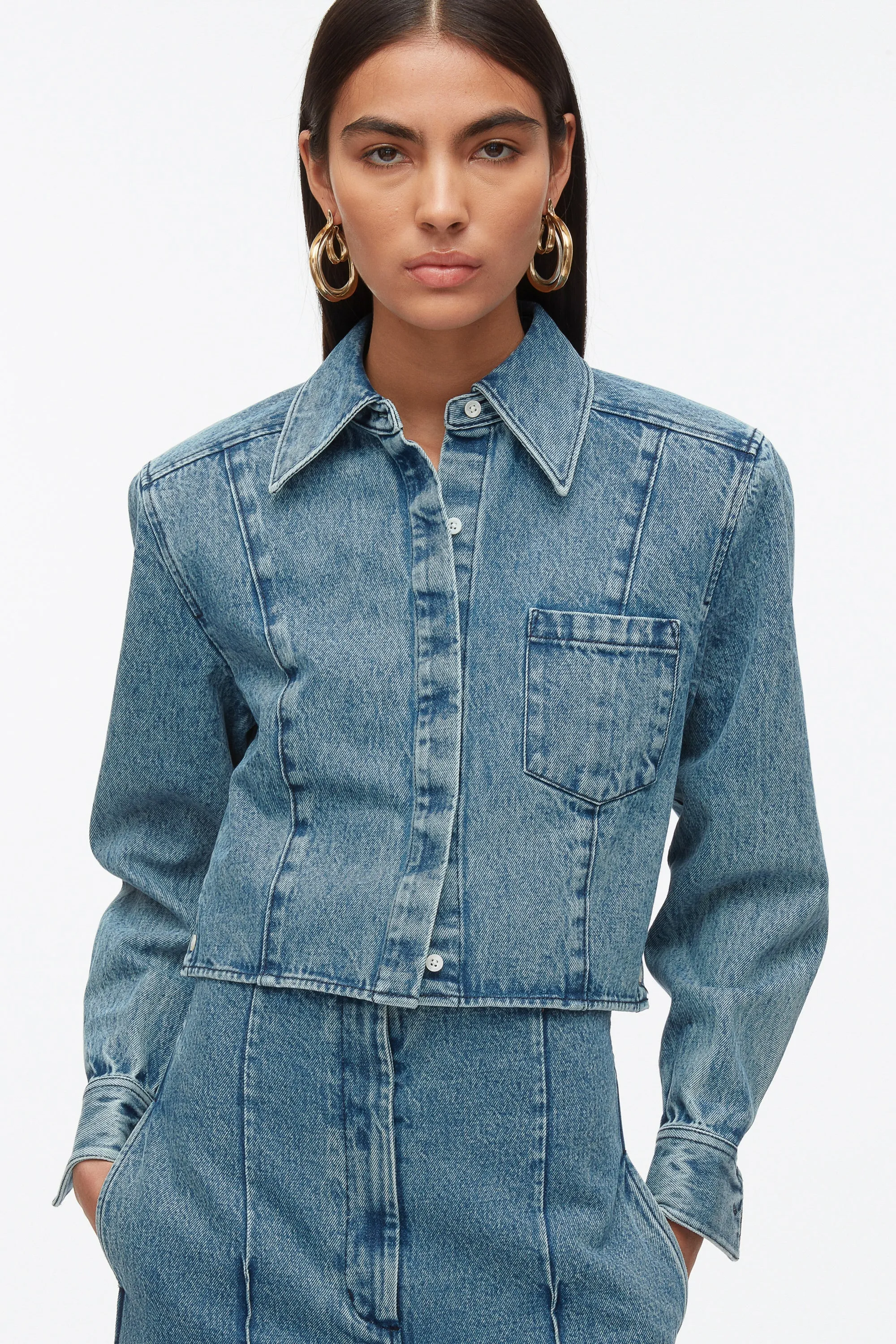 Denim Cropped Shirt with Shoulder Pads