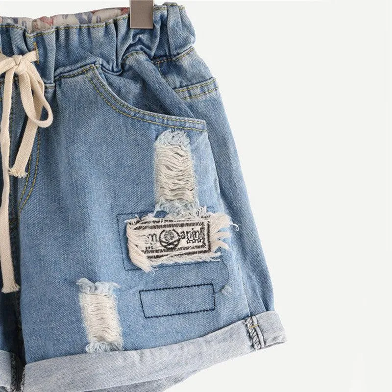 DENIM DRAWSTRING FRAYED SHORTS