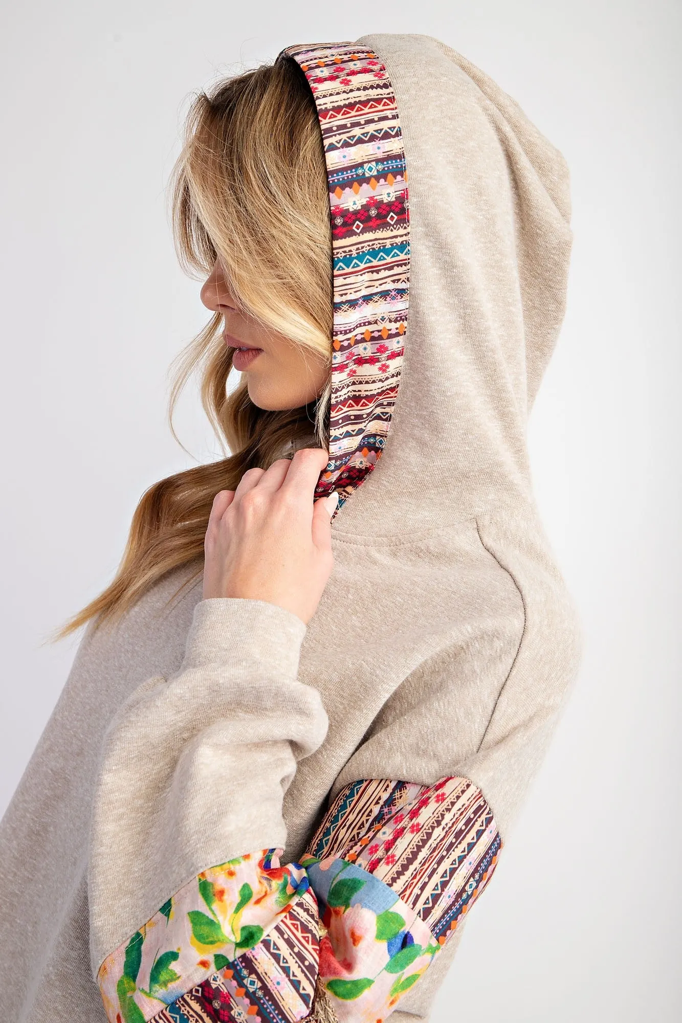 Easel Crochet Mix Terry Knit Hoodie Pullover