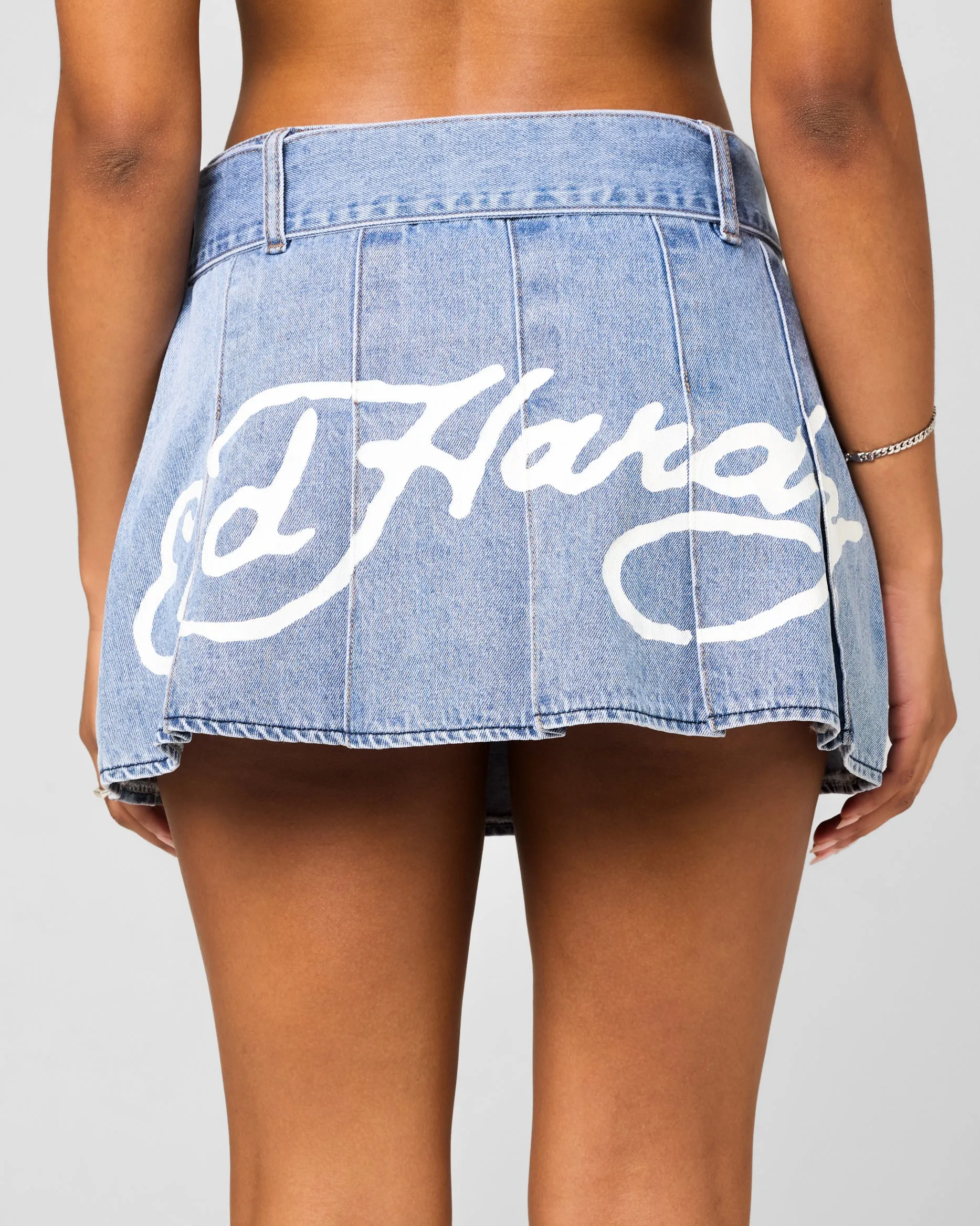 Ed Hardy Women's Pleated Denim Mini Skirt Light Blue Denim