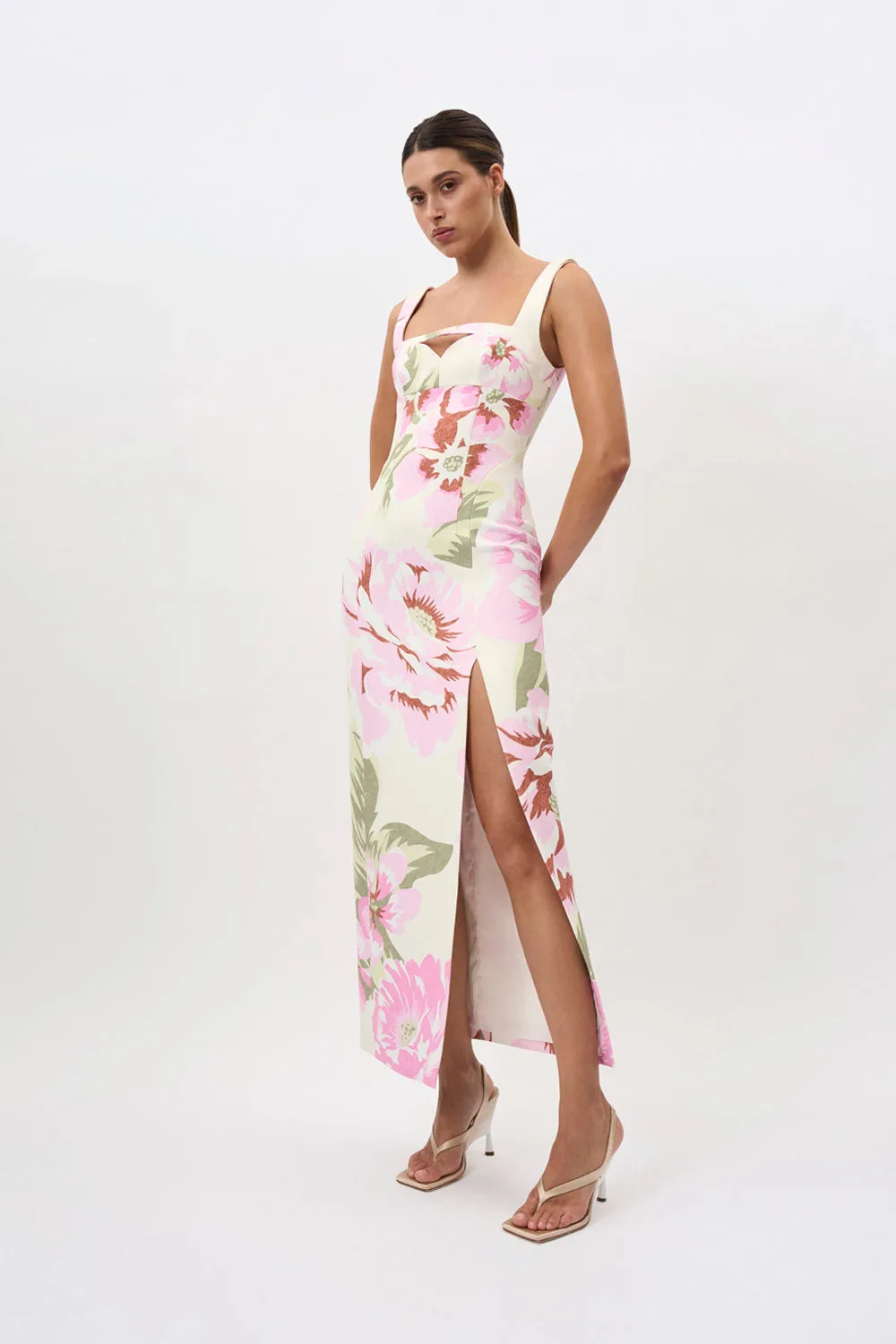 Edens Floral Square Peep Dress - Pink Ivory Green