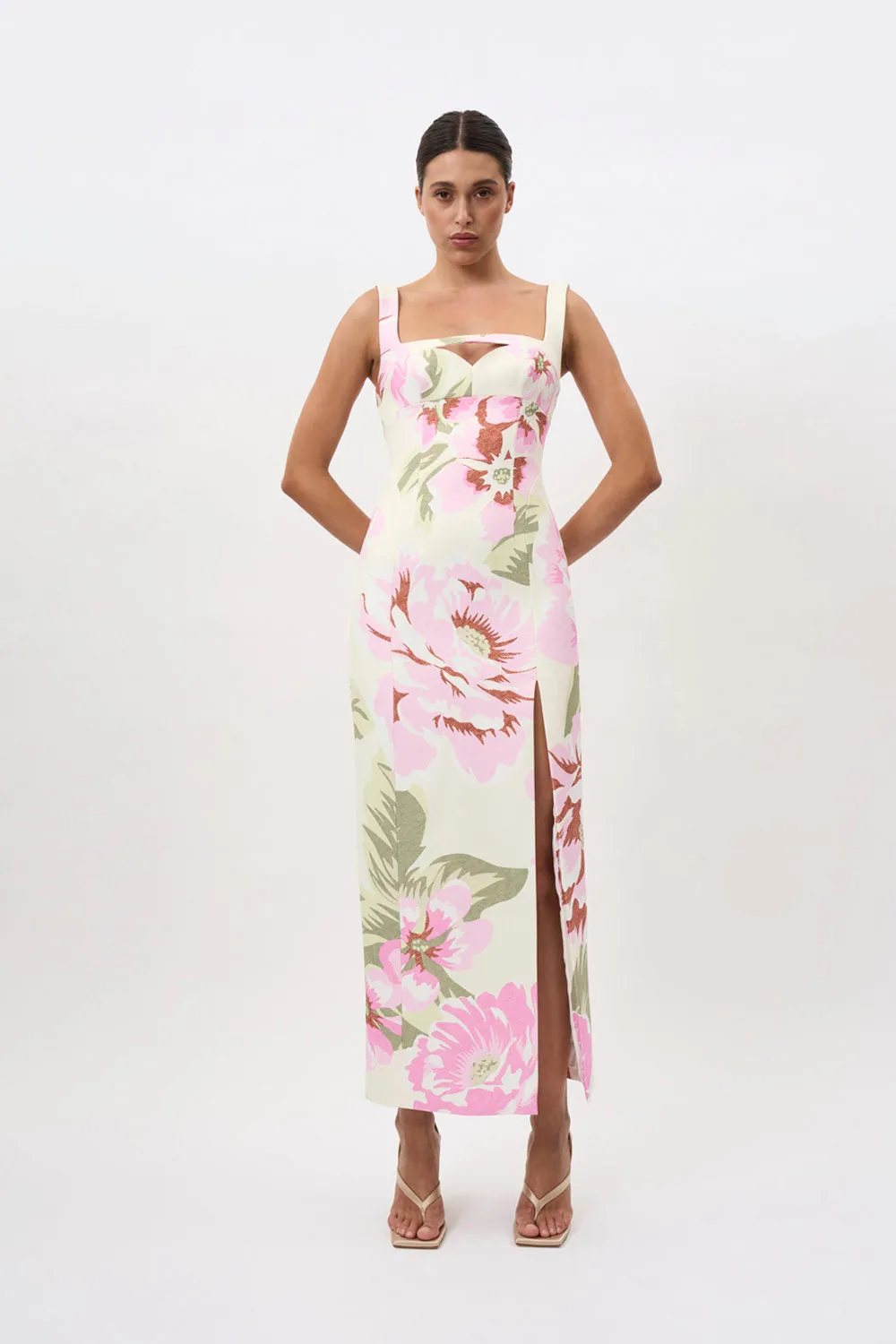 Edens Floral Square Peep Dress - Pink Ivory Green