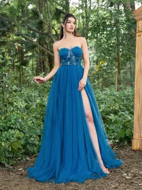 Elegant Strapless Applique Detail Bustier Split Tulle Prom Dress