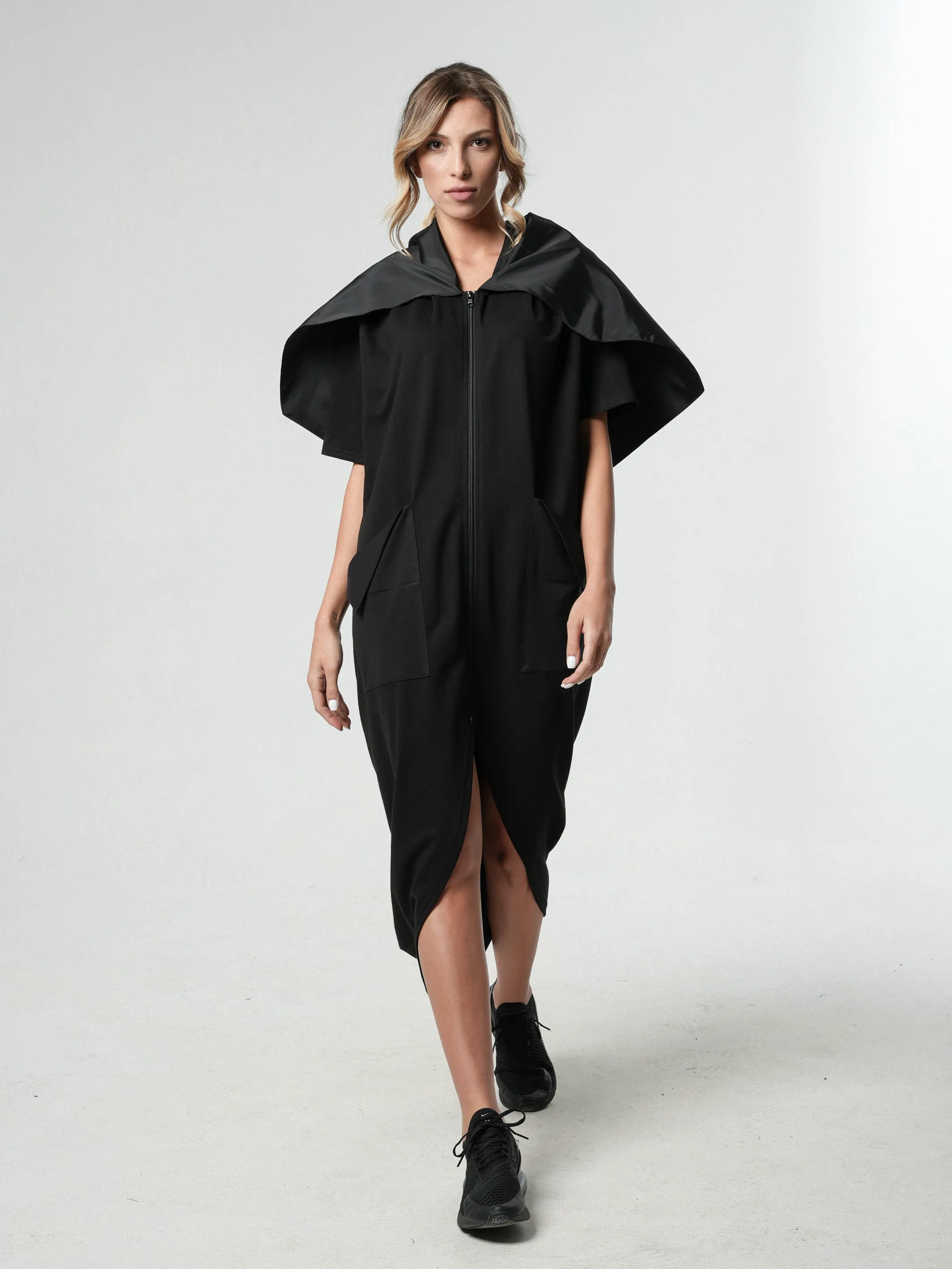 Extravagant Zipper Dress With Shoulder Cape in Moccachino