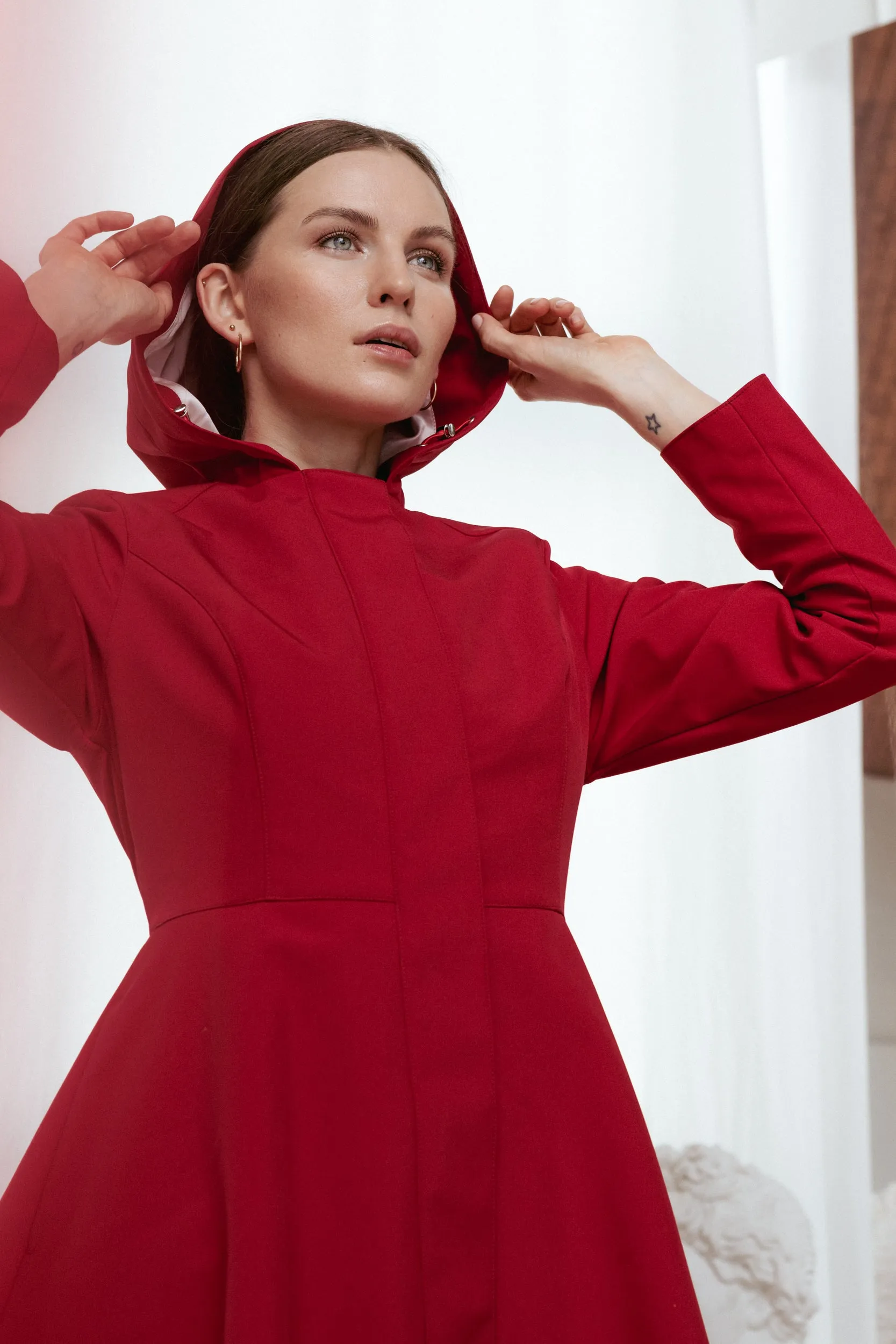 Fitted and Flared Coat with Pleated Back in Deep Red | 'Scarlet Red'