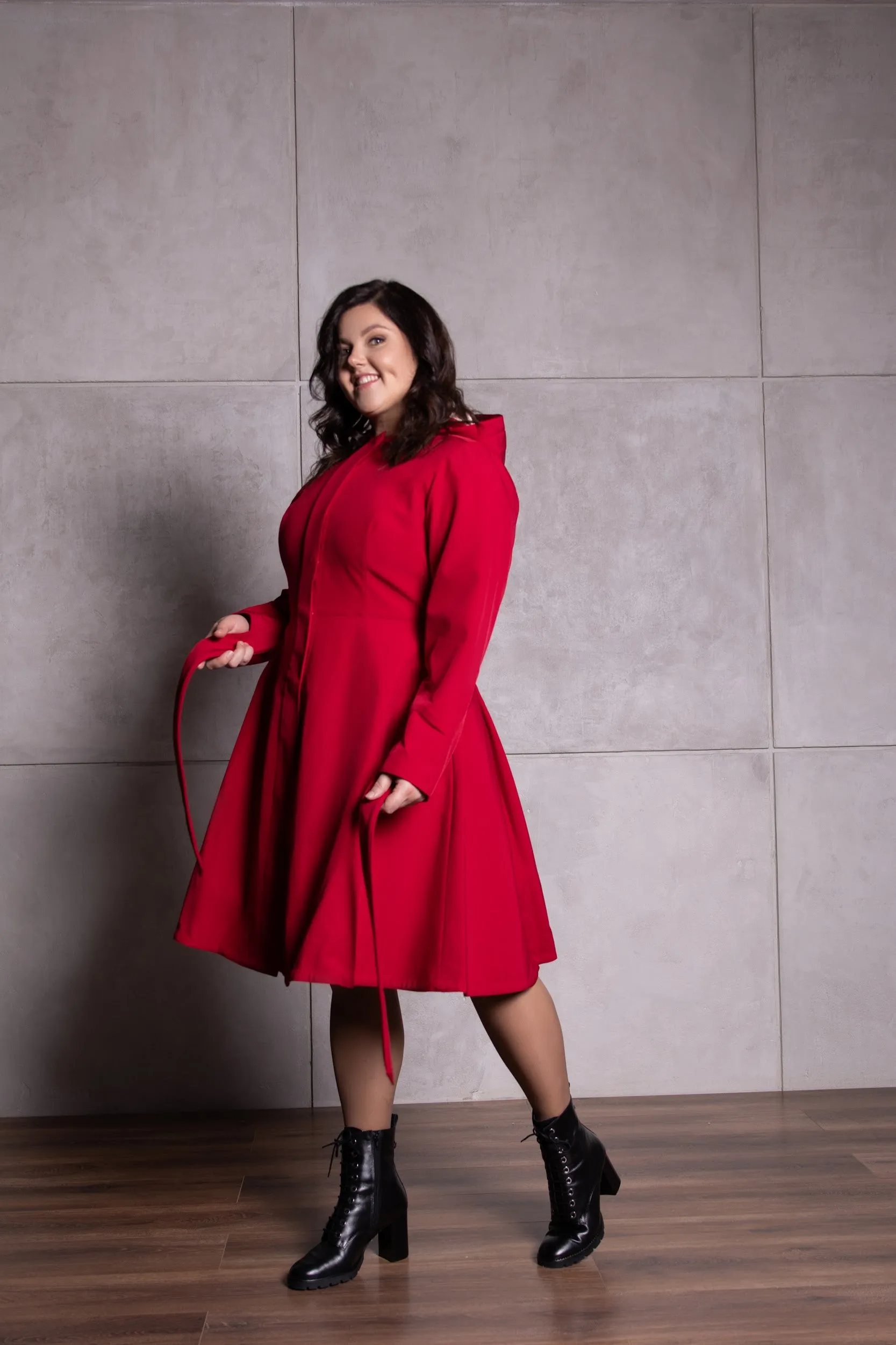 Fitted and Flared Coat with Pleated Back in Deep Red | 'Scarlet Red'