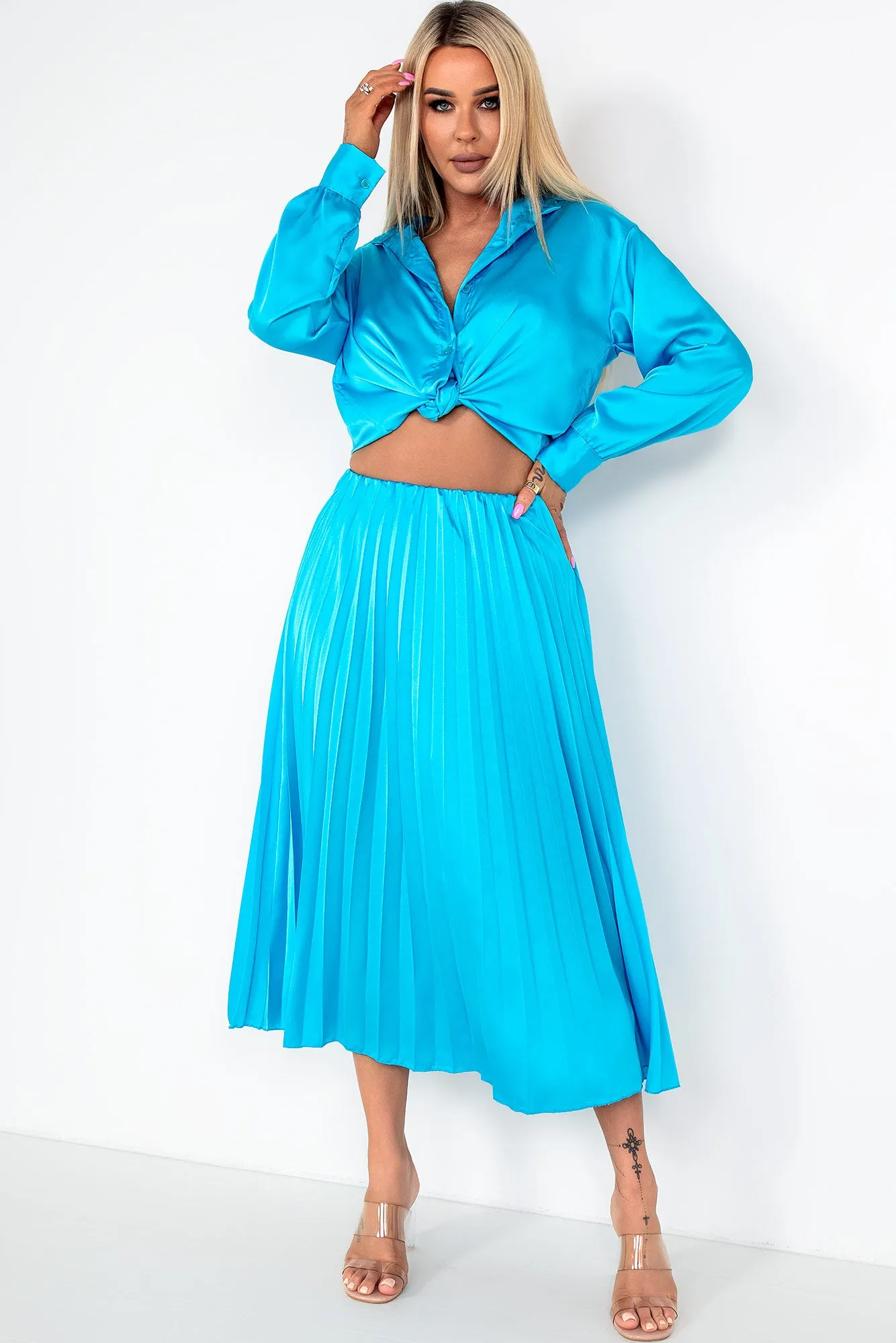 Glinda Aqua Blue Satin Co Ord