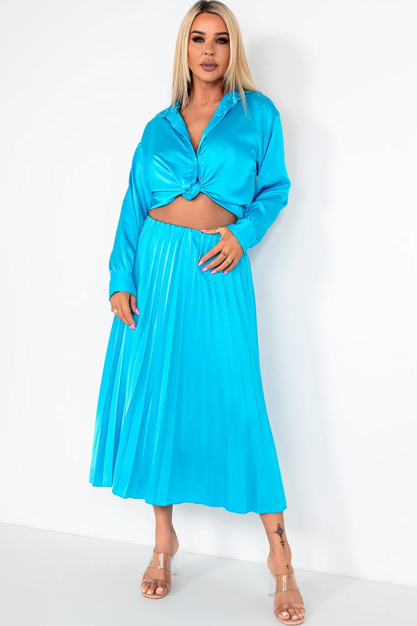 Glinda Aqua Blue Satin Co Ord