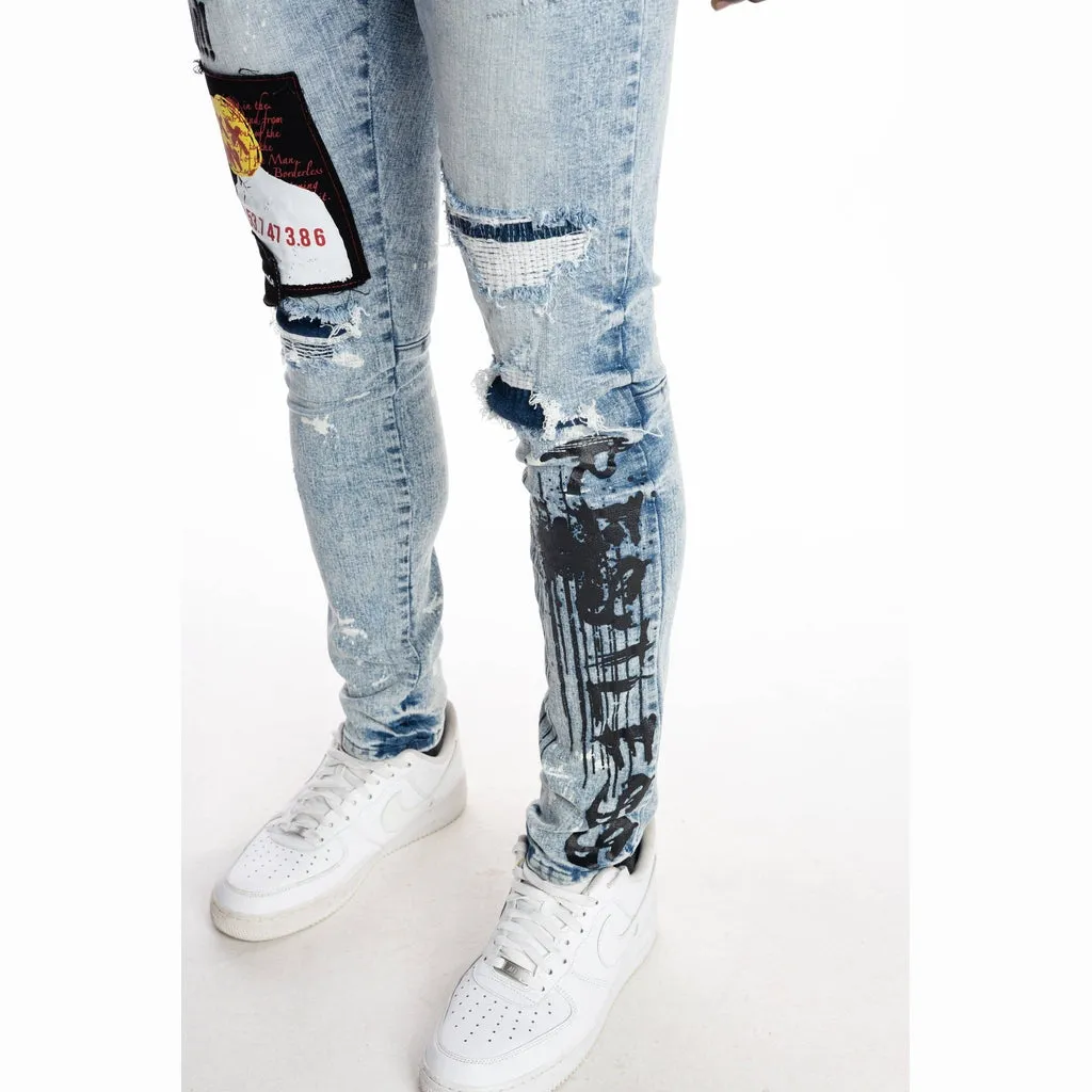 Graphic Patched Fashion Jeans - Mizu Blue