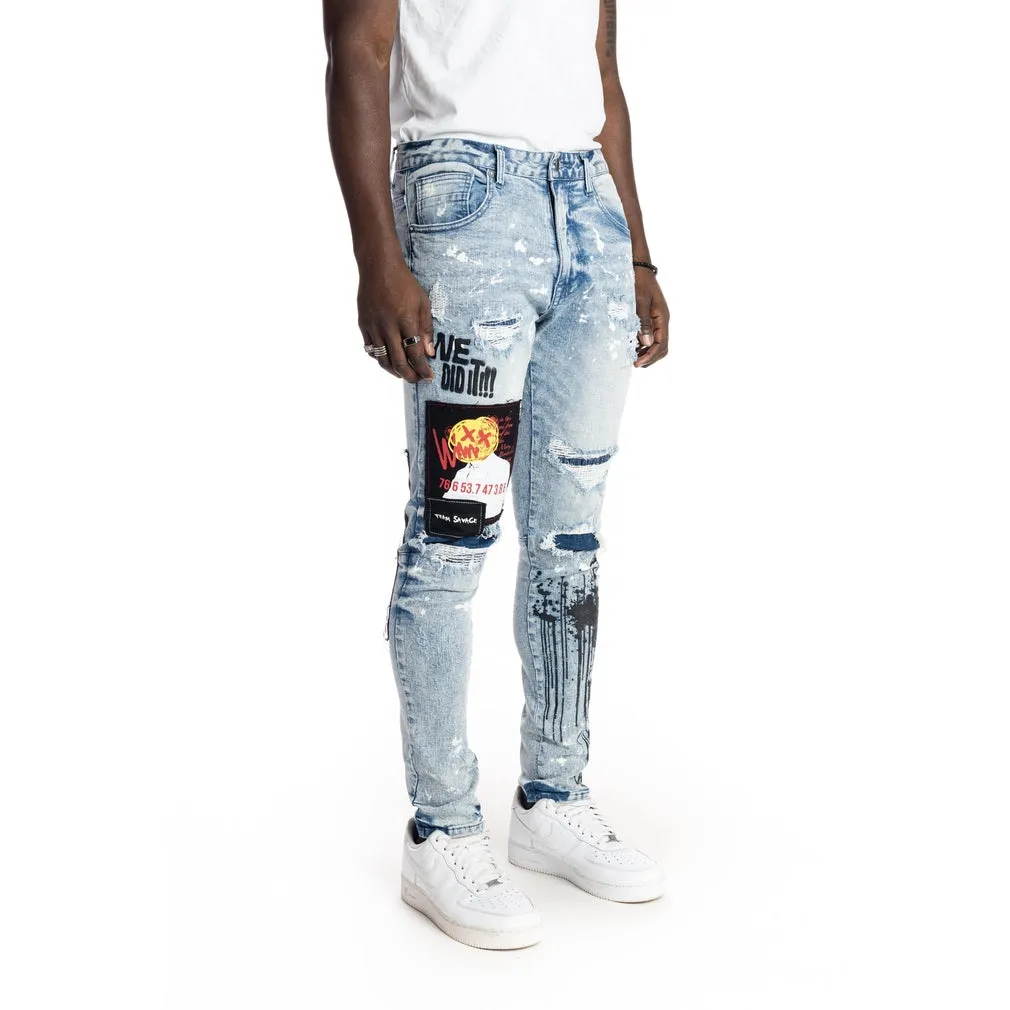 Graphic Patched Fashion Jeans - Mizu Blue