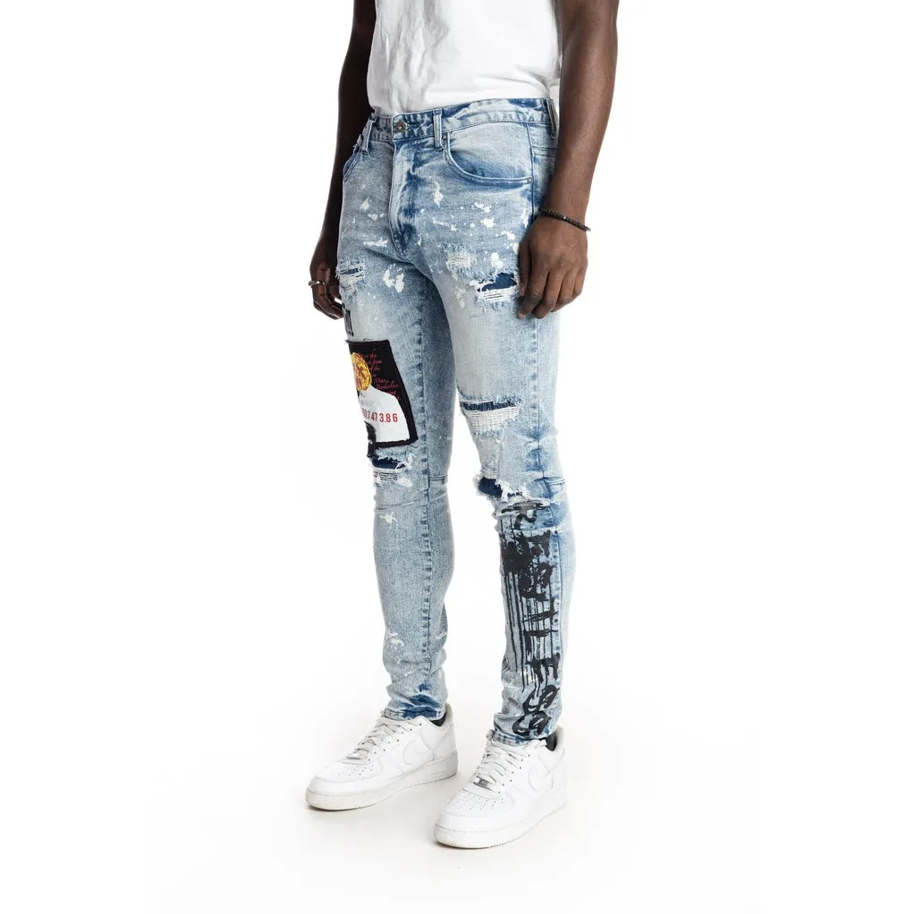 Graphic Patched Fashion Jeans - Mizu Blue