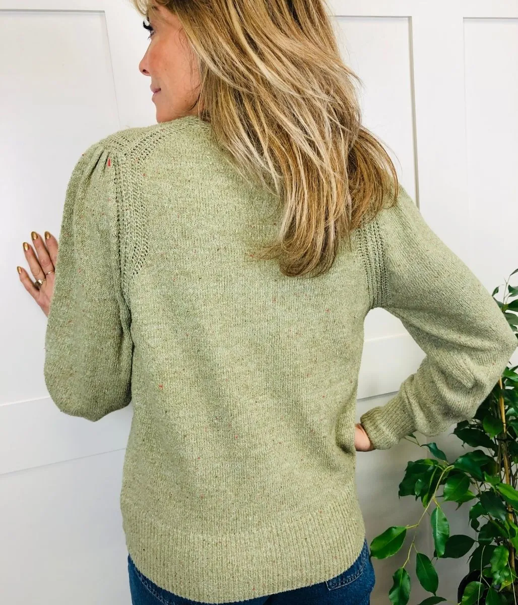 Green Cotton Rich Textured Button Detail Jumper