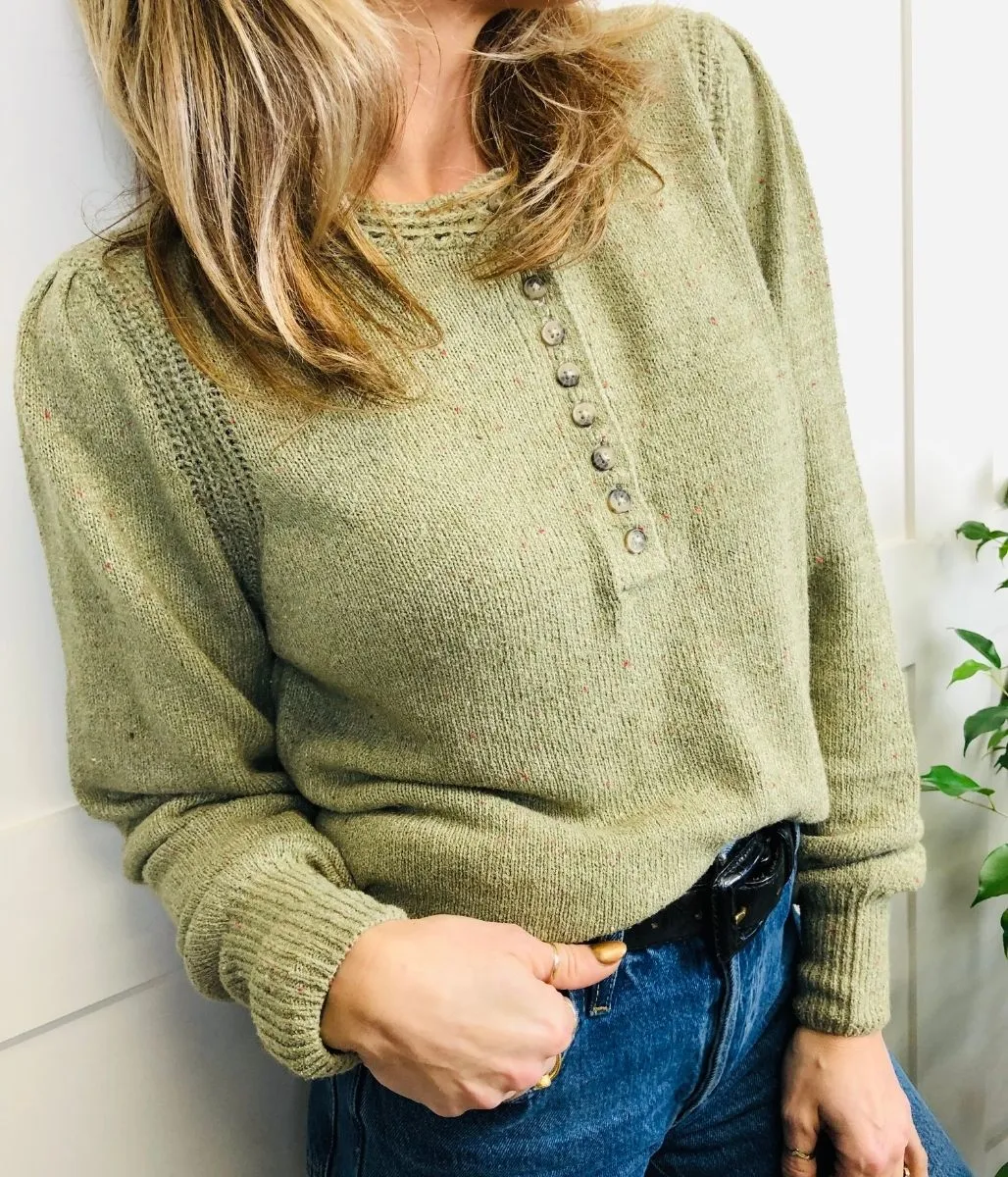 Green Cotton Rich Textured Button Detail Jumper