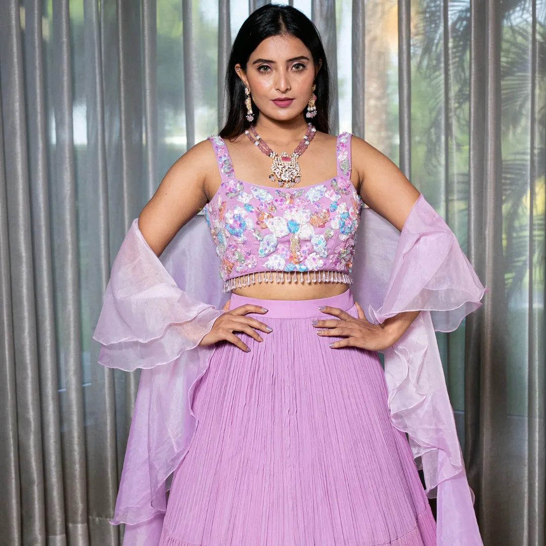 Handcrafted Lilac Lehenga with Multi-Color Sequence Blouse and Ruffle Organza Dupatta