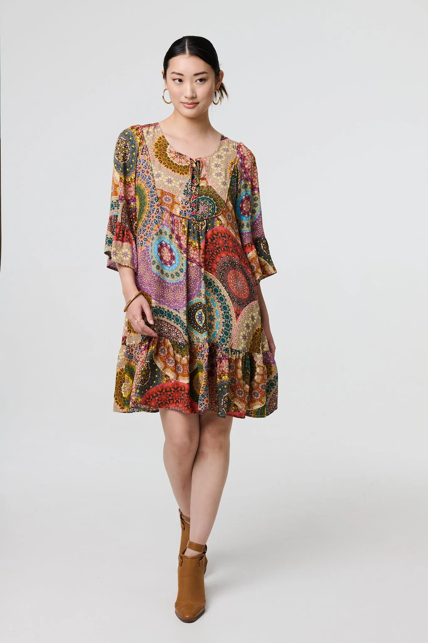 Kaleidoscope Print 3/4 Sleeve Short Dress