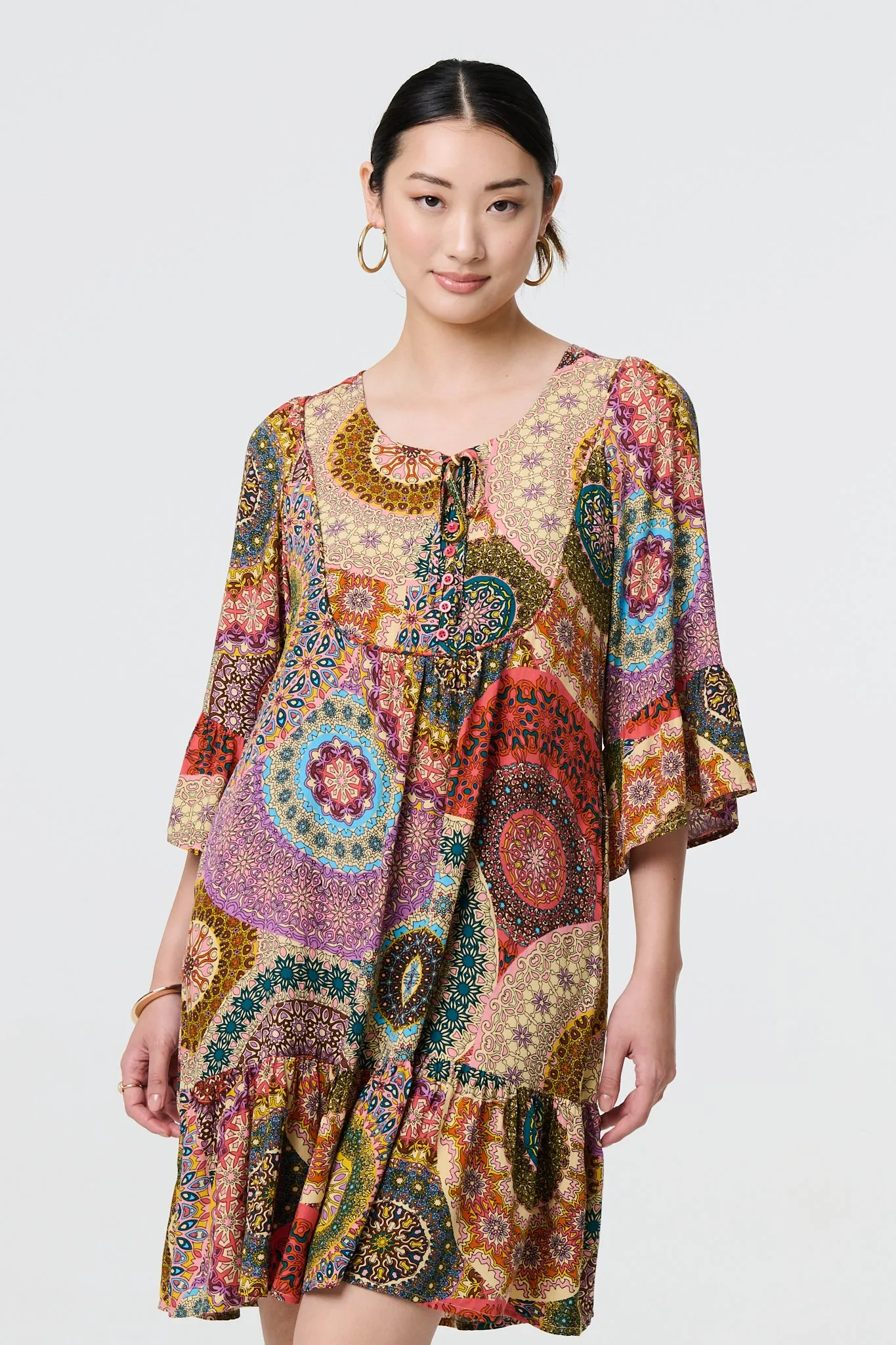 Kaleidoscope Print 3/4 Sleeve Short Dress