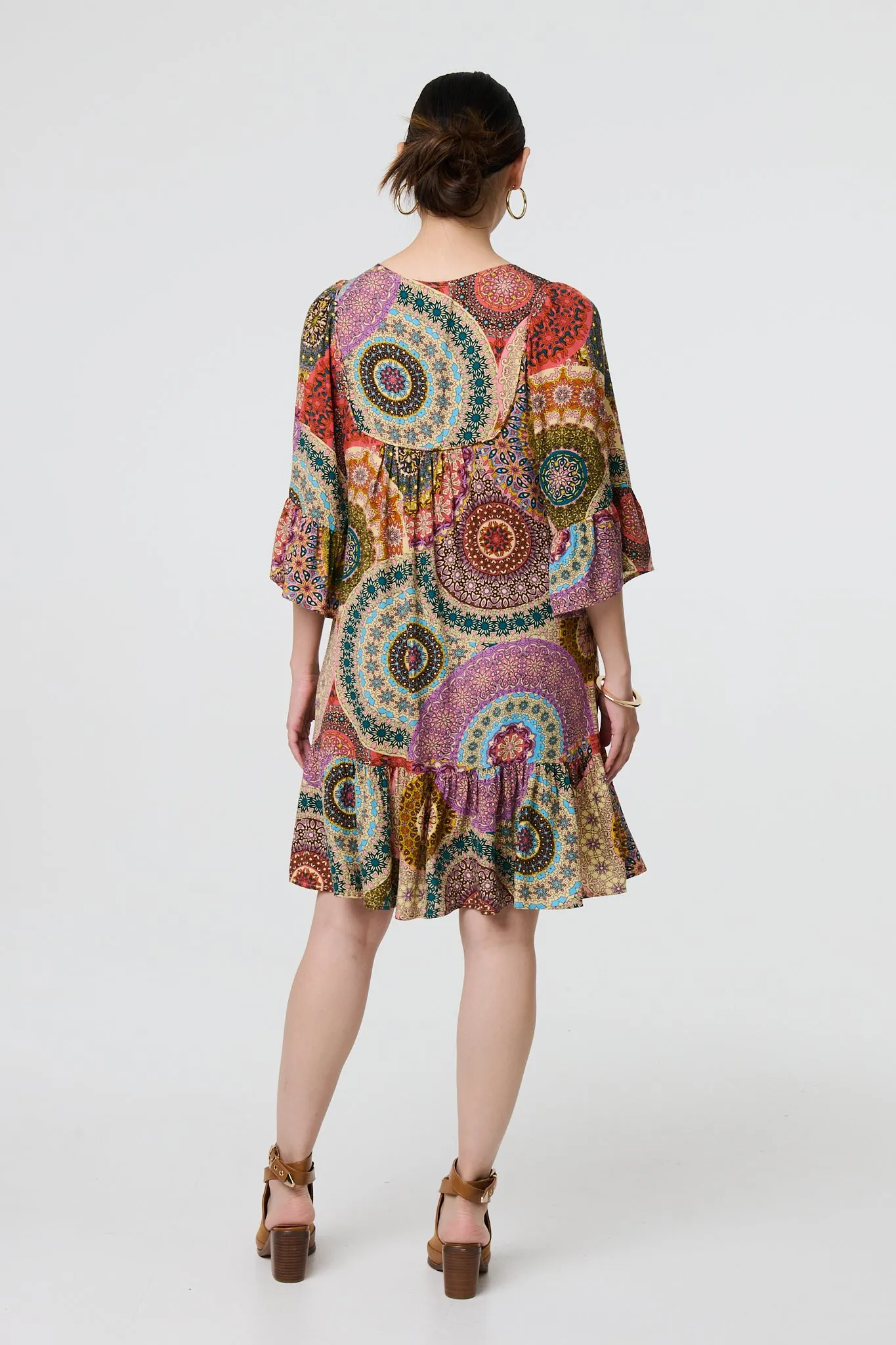 Kaleidoscope Print 3/4 Sleeve Short Dress