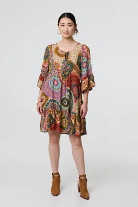 Kaleidoscope Print 3/4 Sleeve Short Dress