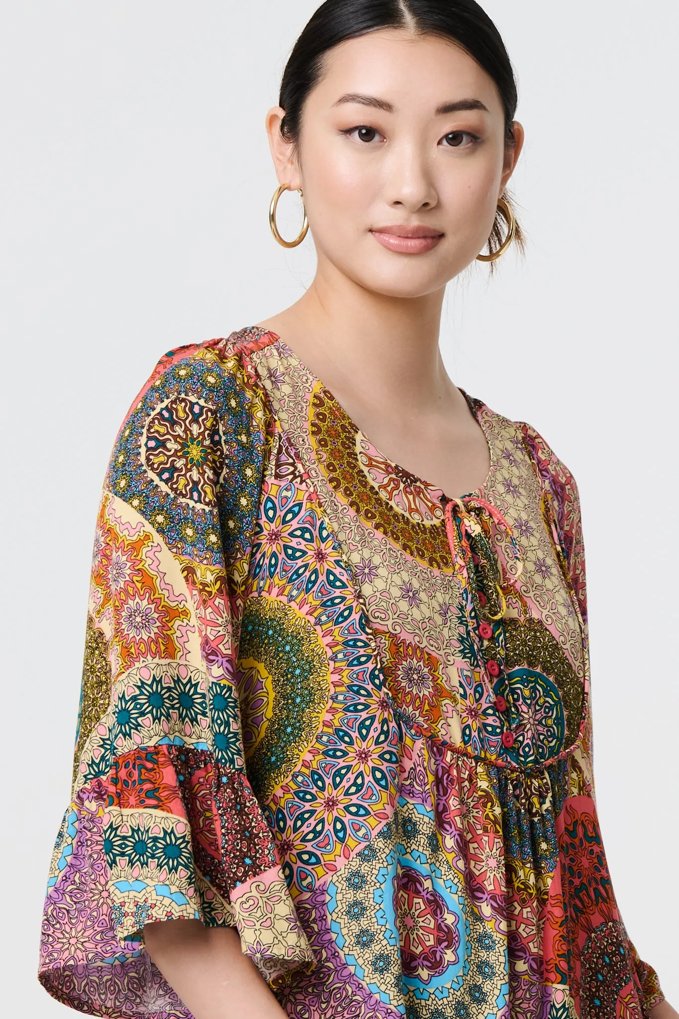 Kaleidoscope Print 3/4 Sleeve Short Dress