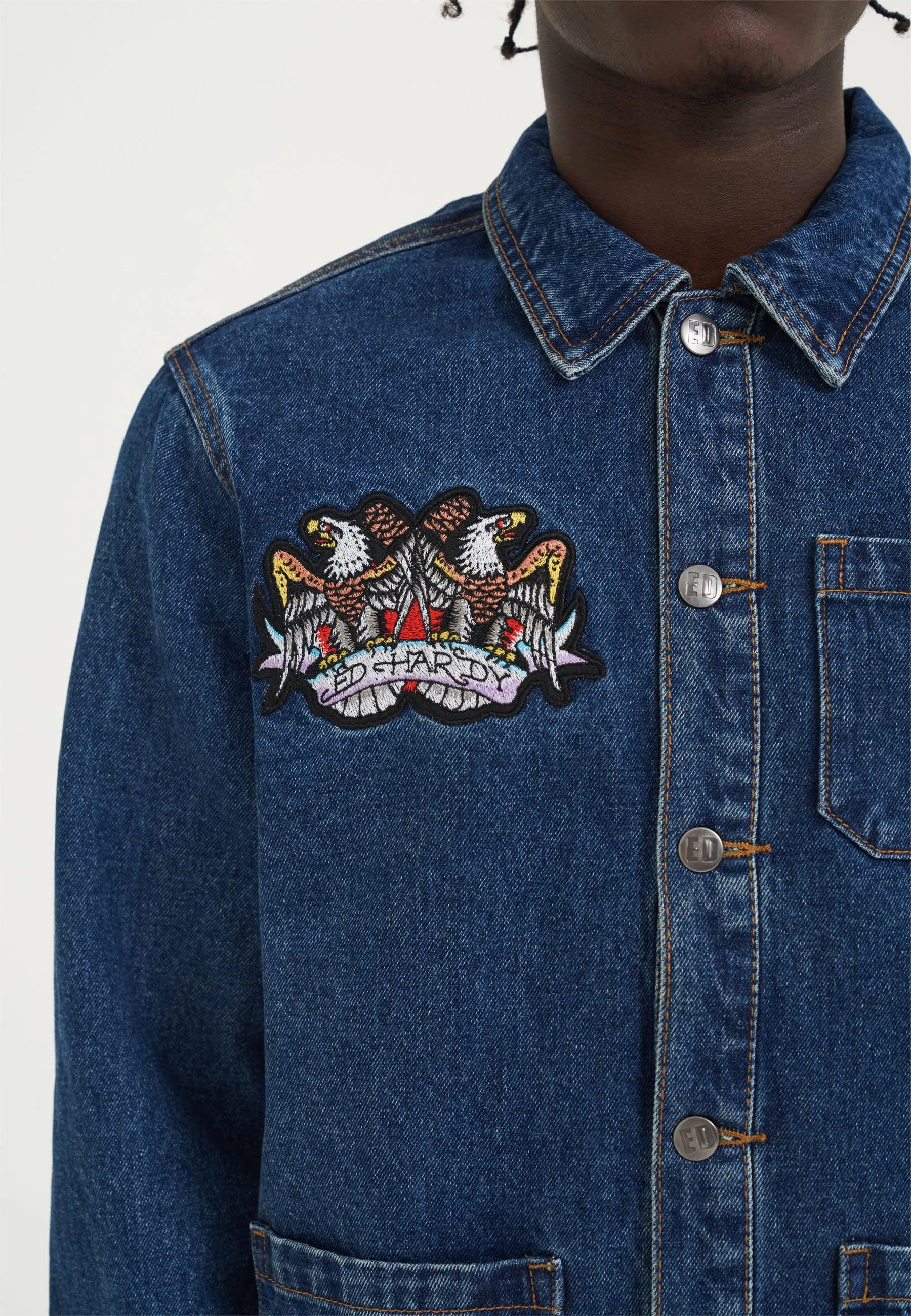 Mens Battle Of Eagles Denim Chore Jacket - Indigo