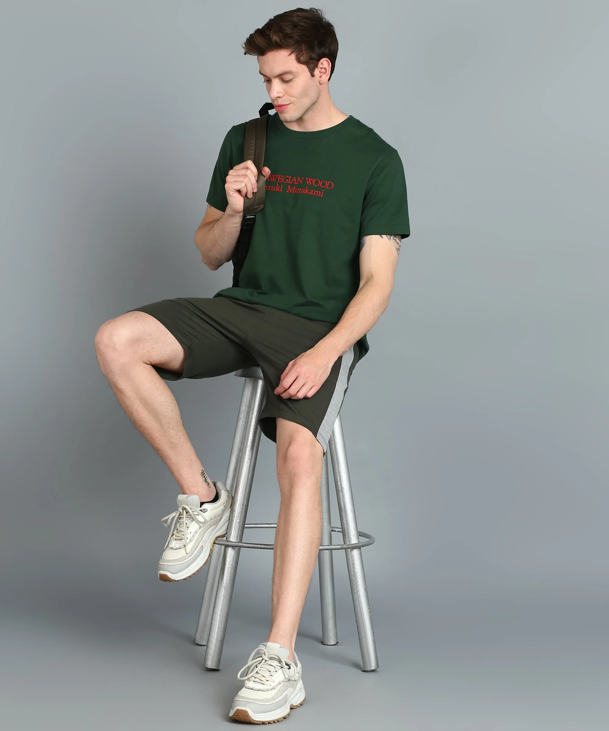 Men's Green Cotton Color-Block Regular Shorts Stretchable