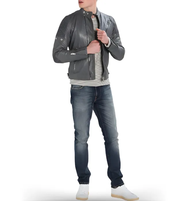 New Grey Cafe Racer Biker Leather Rider Jacket