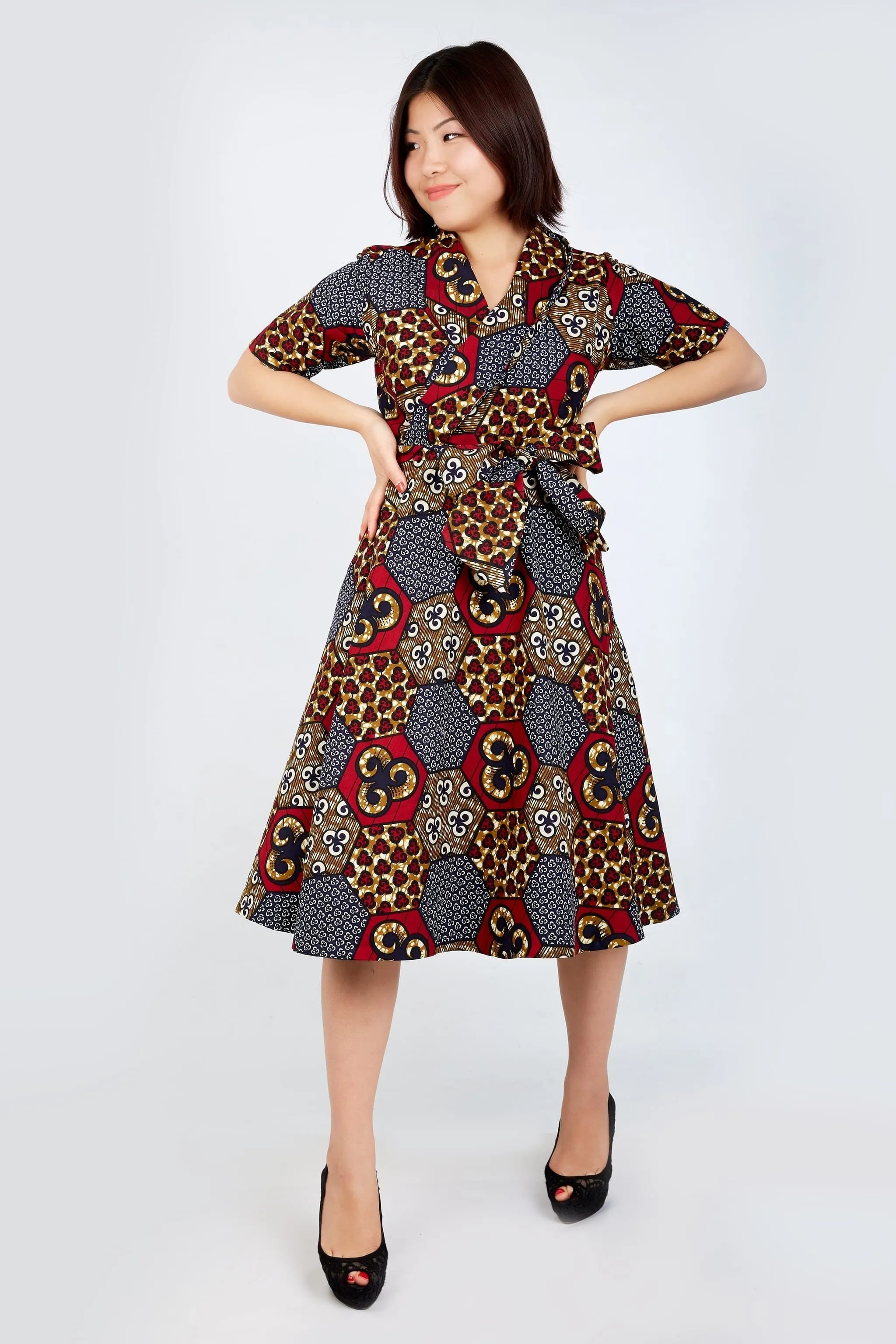 New in African Ankara Print Wrap Dress -Maroon