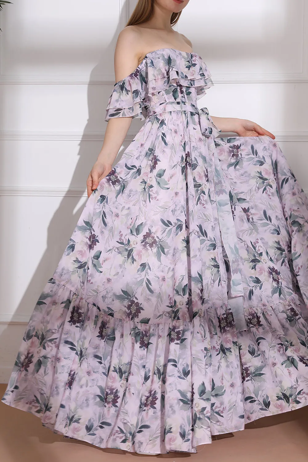 Off the Shoulder Corset Floral Print Chiffon Tiered Dress