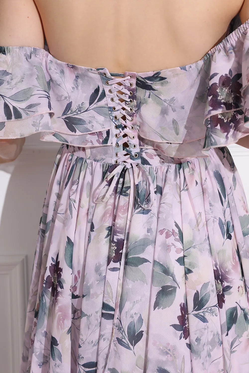 Off the Shoulder Corset Floral Print Chiffon Tiered Dress