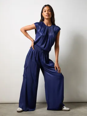 Petite Navy Satin Cargo Trousers