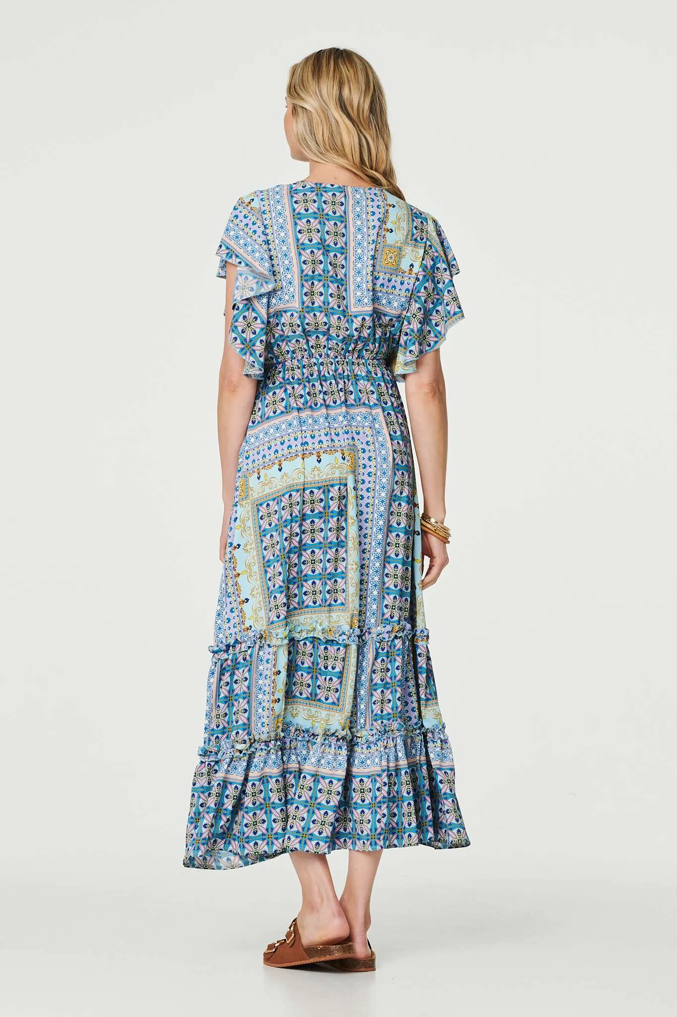 Printed Frill Sleeve Maxi Dress