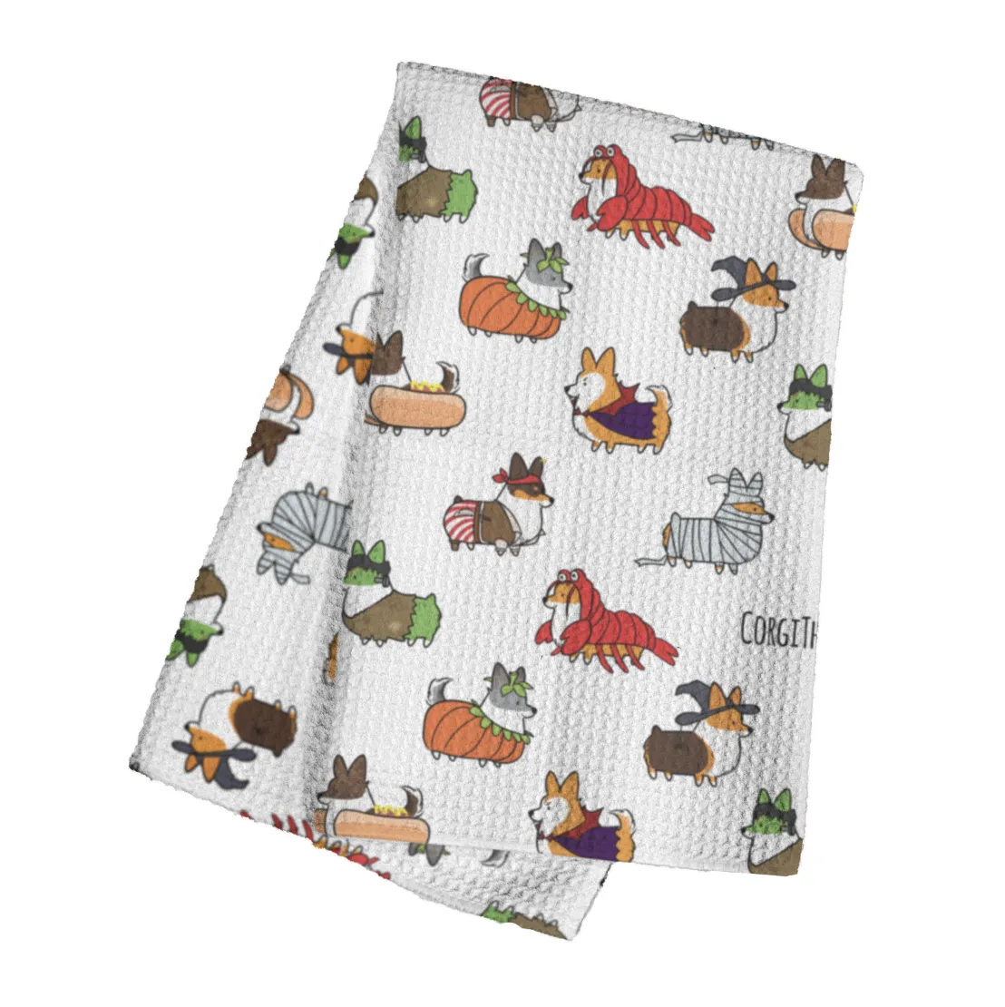 "Corgis in Costumes" Waffle Weave Kitchen Towel