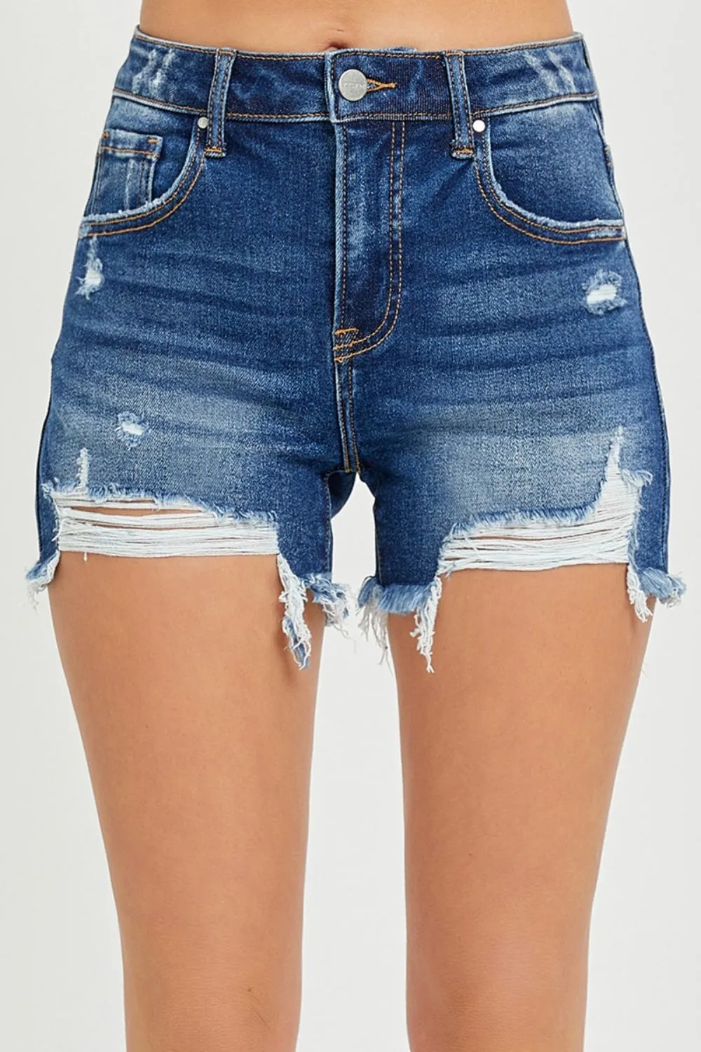 RISEN, High Rise Distressed Denim Shorts