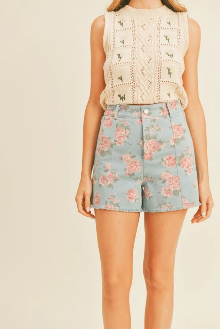 Rosey Floral Print Light Wash Denim Shorts